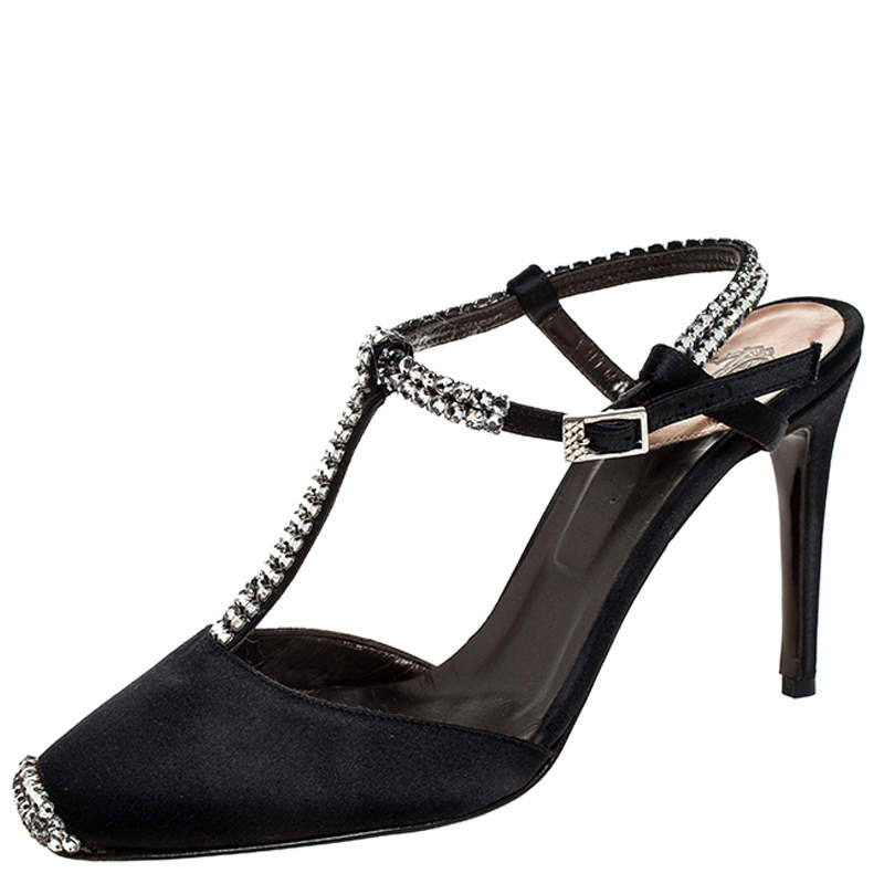 Roberto Cavalli Black Satin Crystal Embellished T-Bar Ankle Strap Sandals Size 38