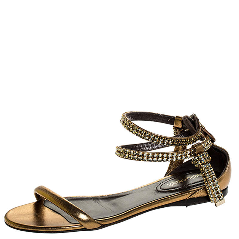 Pre Owned Roberto Cavalli Bronze Leather Crystal Embellished Ankle Strap Flat Sandals Size 38