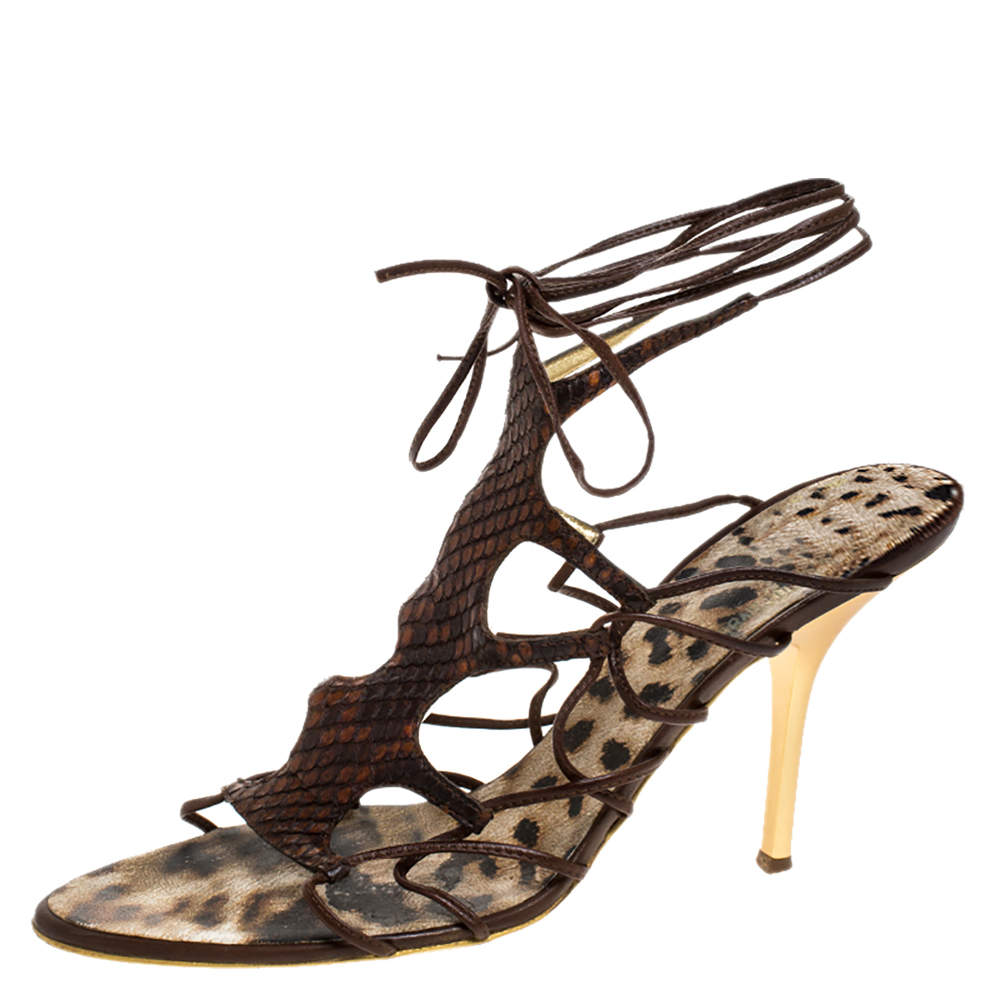 Roberto Cavalli Brown Python Lace Up Ankle Tie Sandals Size 40