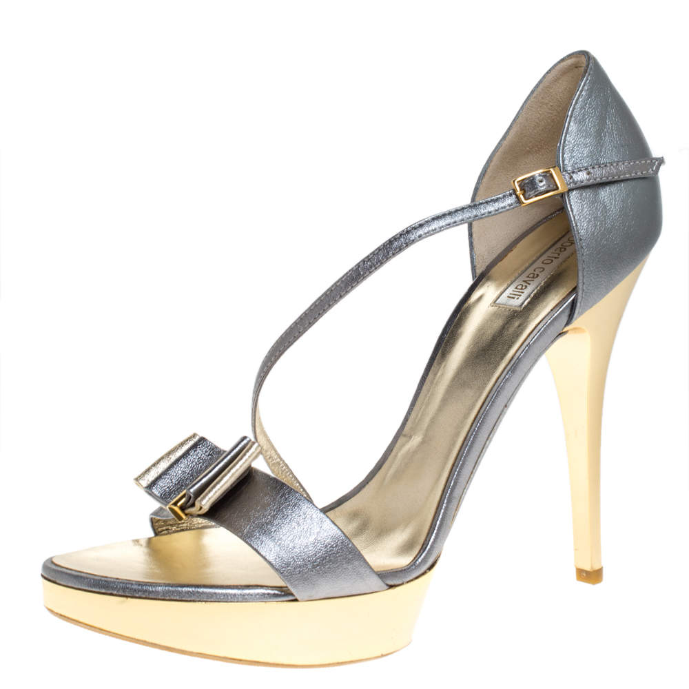 Pre Owned Roberto Cavalli Metallic Grey Leather Ankle Strap Platform Sandals Size 40
