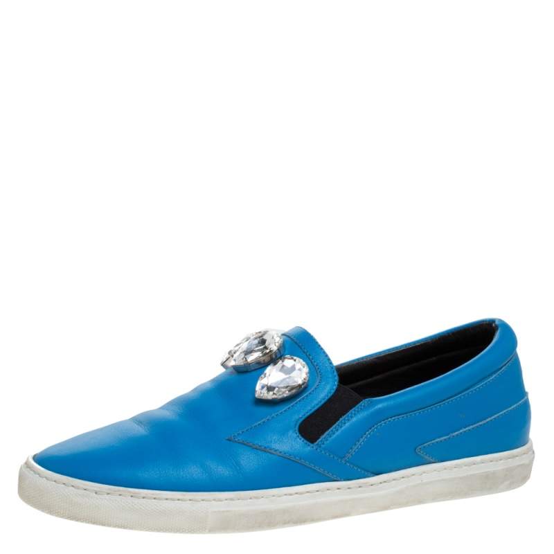 Roberto Cavalli Blue Leather Crystal Embellished Slip On Sneakers Size 38