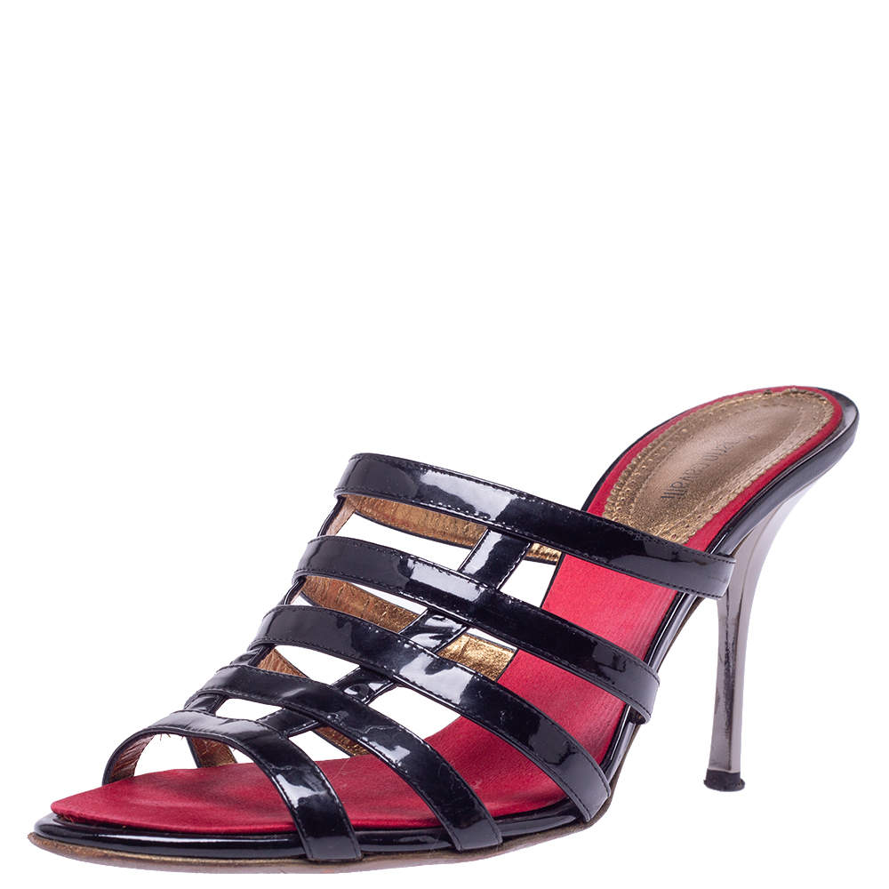 Pre Owned صندل روبرتو كافالي طراز سيور جلد لامع أسود مقاس 40