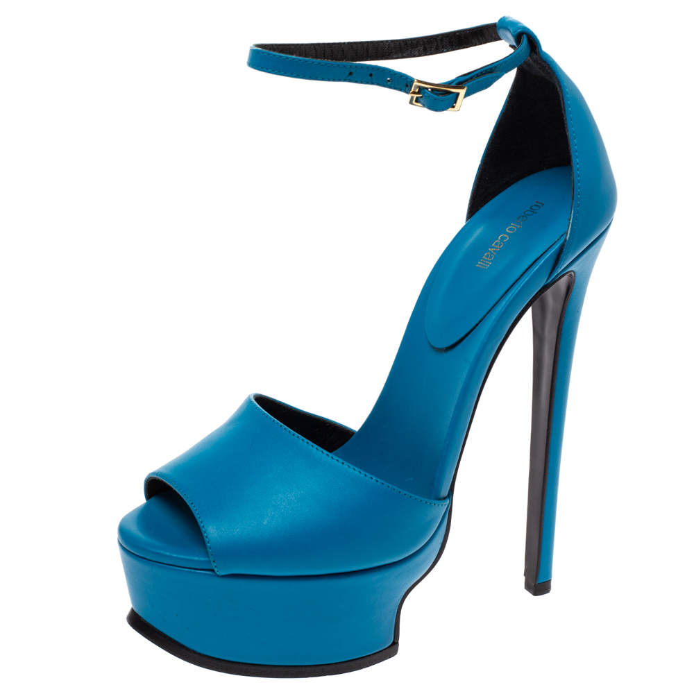 مملوكة مسبقًا صندل روبرتو كافالي سير كاحل و نعل سميك جلد أزرق مقاس 36