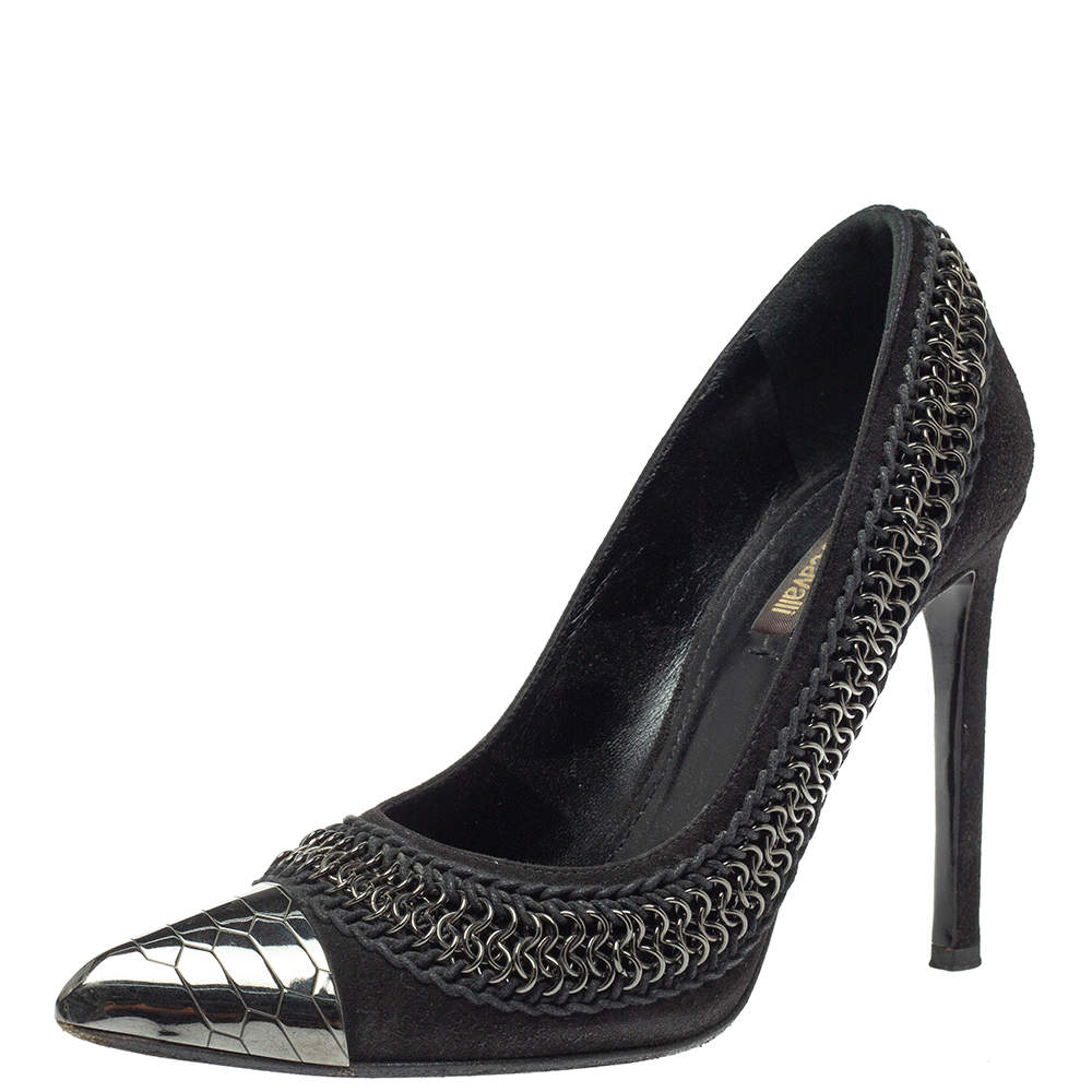 Roberto Cavalli  Black Suede Chain Detail Metal Cap Toe Pumps Size 37