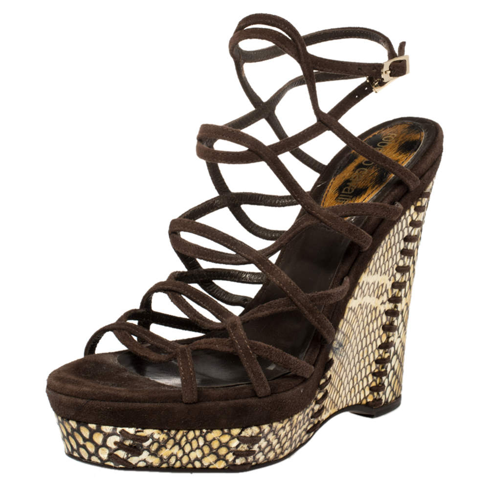 مملوكة مسبقًا صندل روبرتو كافالي سيور كعب روكي جلد ثعبان و سويدي بني مقاس 38.5