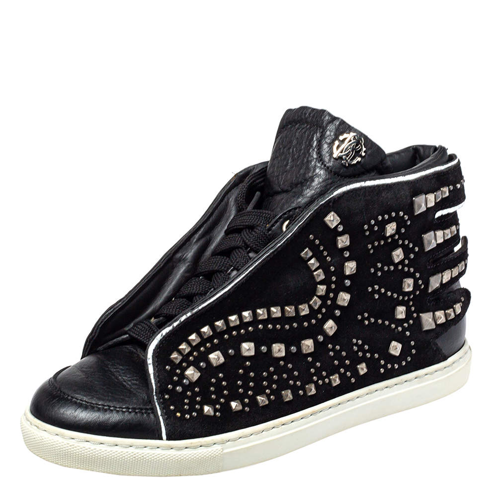 Pre Owned Roberto Cavalli Black Suede And Leather Studded Mid Top Sneaker Size 39