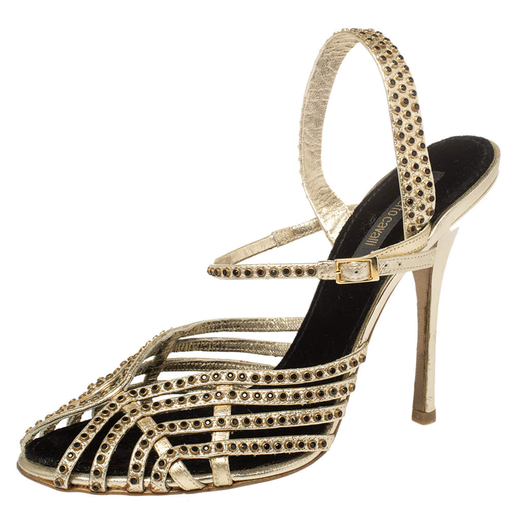 Roberto Cavalli Metallic Gold Leather Studded Strappy Sandals Size 39.5