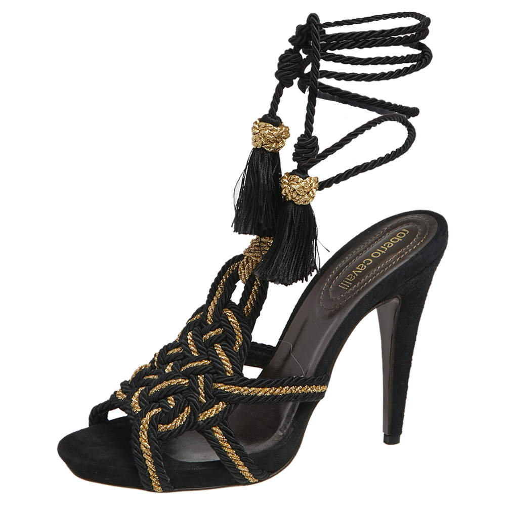 Pre Owned Roberto Cavalli Black/Gold Knit Fabric Tassels Sandals Size 40