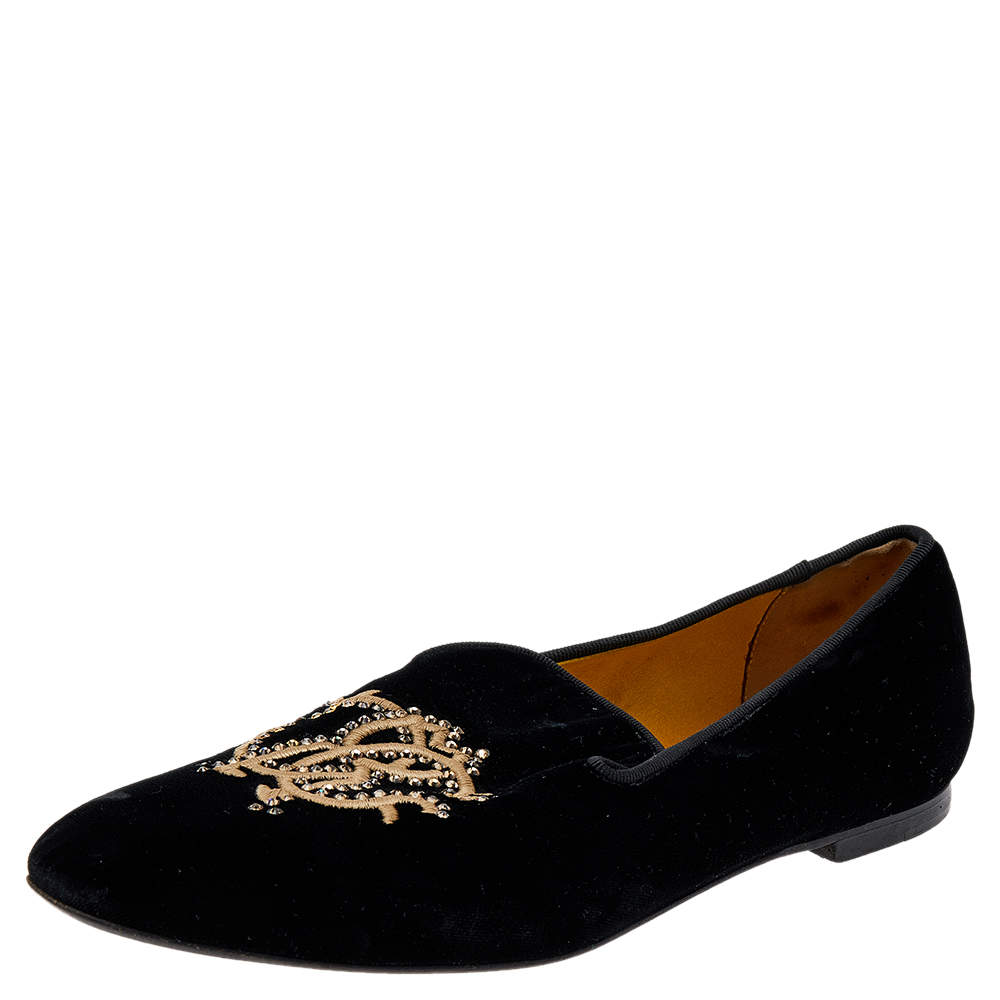 Pre Owned Roberto Cavalli Black Velvet Embellished Slip on Loafers Size 39