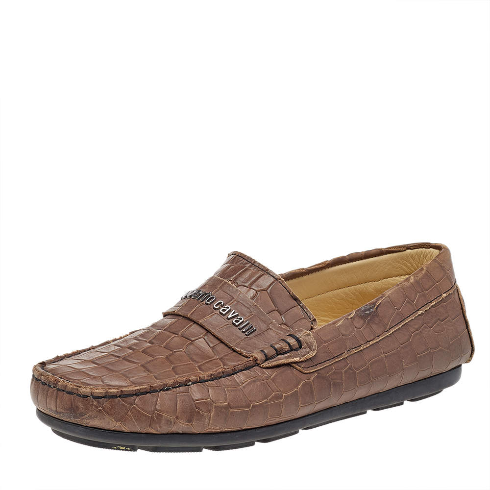Pre Owned Roberto Cavalli Brown Croc Embossed Leather Slip On Loafers Size 40