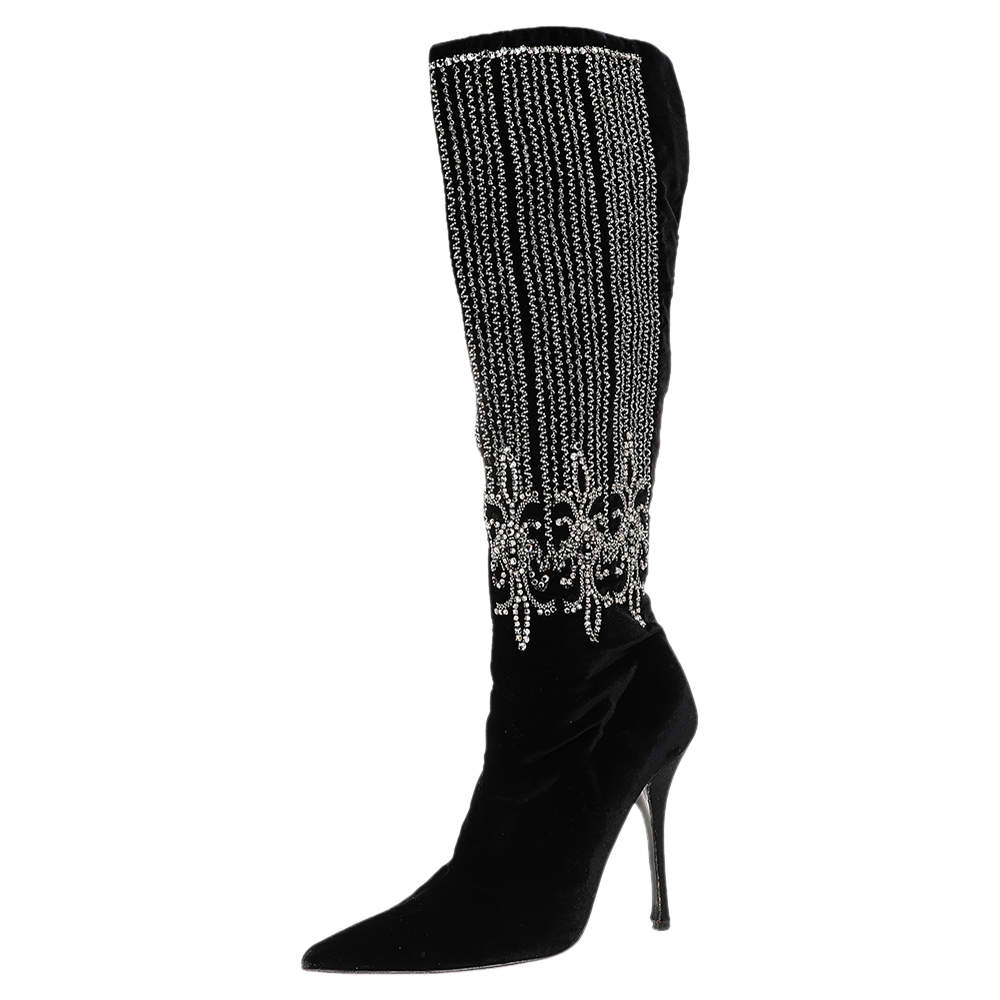 Pre Owned Roberto Cavalli Black Velvet Crystal Embellished Pointed Toe Knee Length Boots Size 38