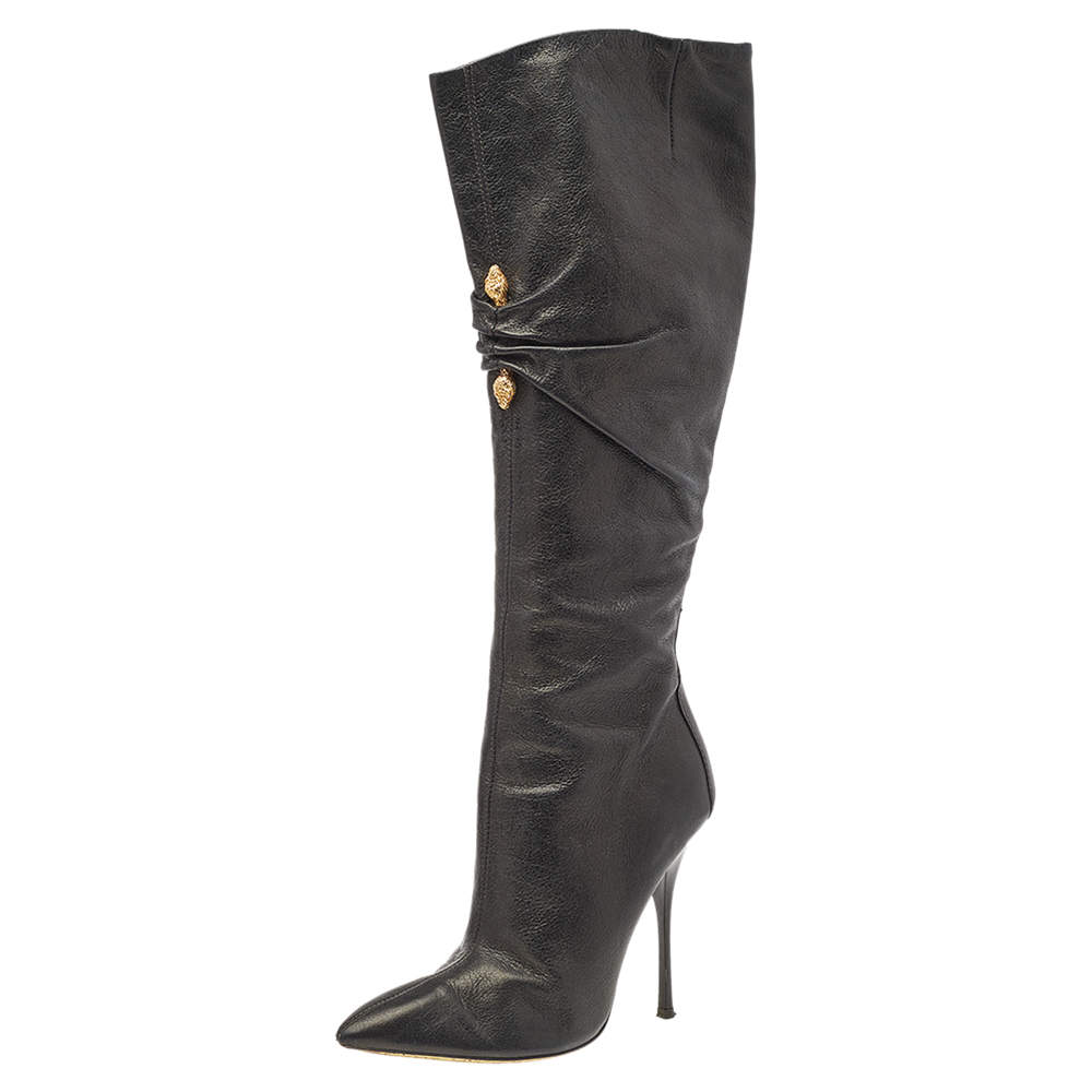 Pre Owned Roberto Cavalli Black Leather Pointed Toe Knee Length Boots Size 39