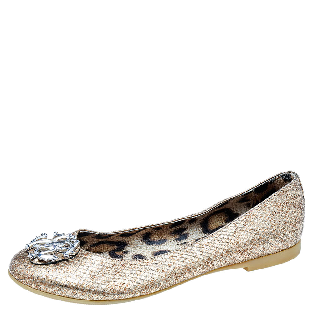 Pre Owned Roberto Cavalli Metallic Gold Python Embossed Leather Logo Embellished Ballet Flats Size 40
