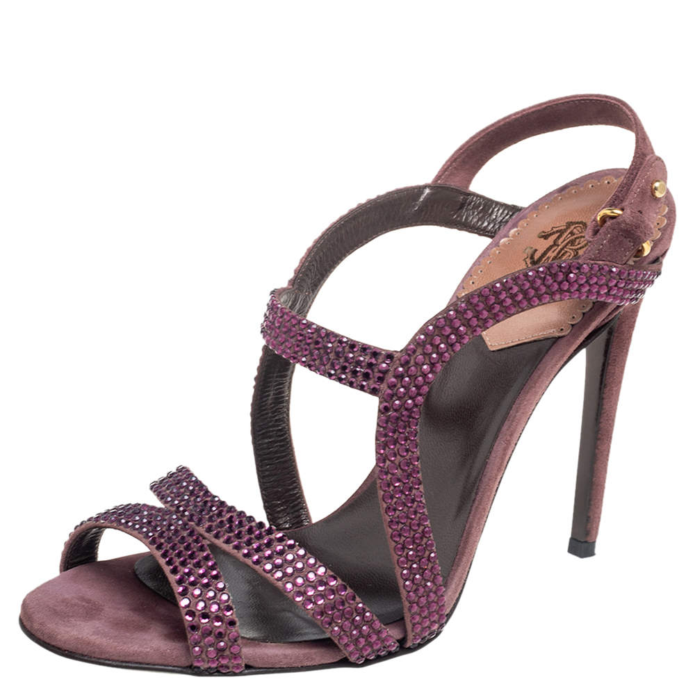 Pre Owned Roberto Cavalli Purple Suede Crystal Embellished Strappy Sandals Size 37