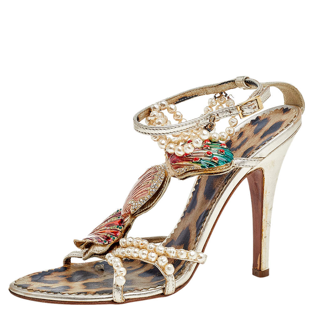 Pre Owned Roberto Cavalli Gold Leather Embellished Ankle Strap Sandals Size 37