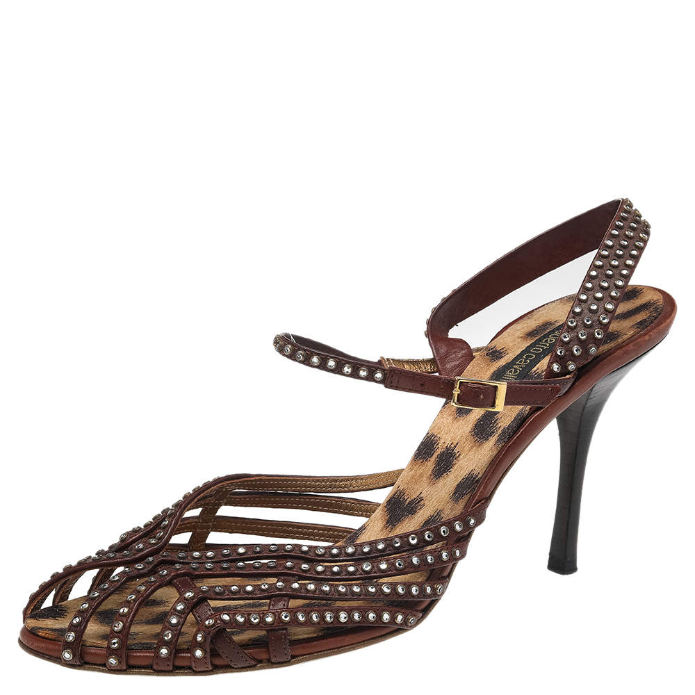 مملوكة مسبقًا Roberto Cavalli Brown Leather Studded Slingback Sandals Size 41