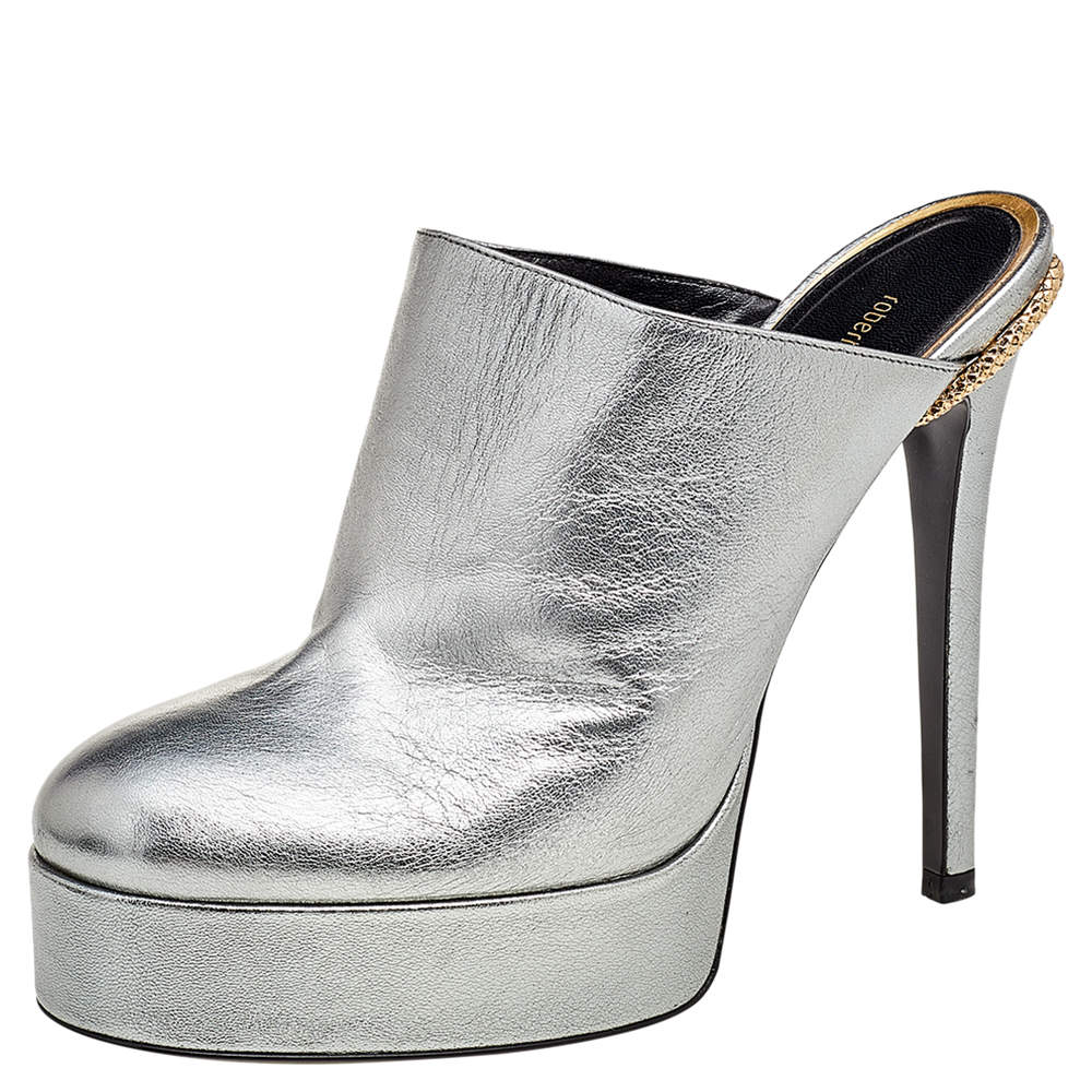 Roberto Cavalli Metallic Silver Leather Platform Mules Size 38