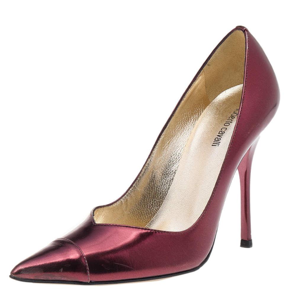 Pre Owned Roberto Cavalli Metallic Burgundy Leather Pointed Toe Pumps Size 37