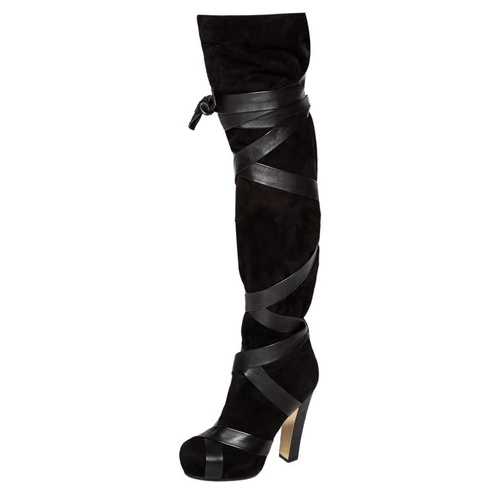 Pre Owned Roberto Cavalli Black Suede and Leather Wrap Tie Thigh High Boots Size 37