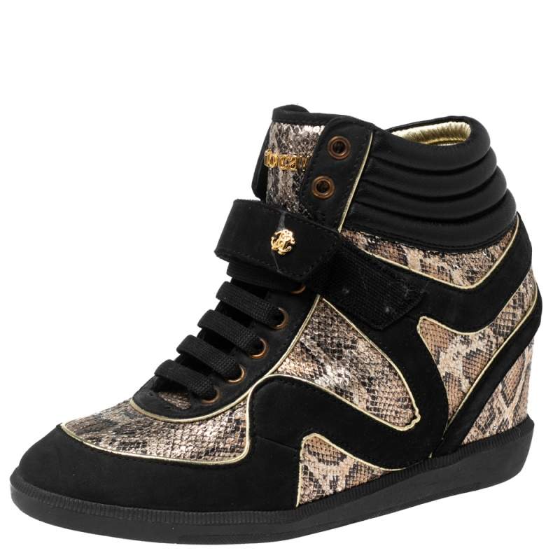 Pre Owned Roberto Cavalli Beige/Black Python Embossed Leather And Suede Wedge Sneakers Size 37