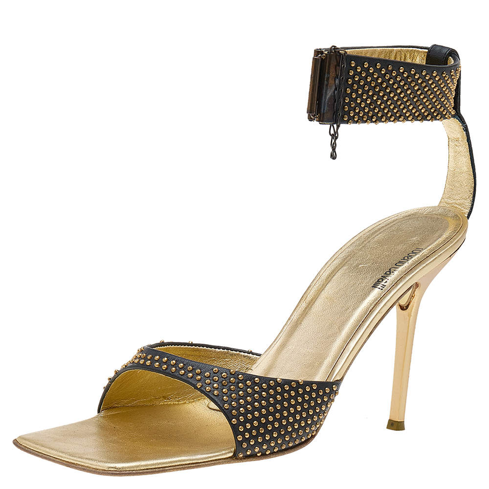 Pre Owned Roberto Cavalli Black Leather Studded Ankle Strap Sandals Size 39