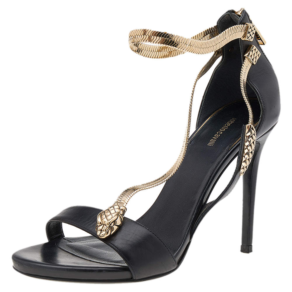 مملوكة مسبقًا صندل روبرتو كافالي سير كاحل تفاصيل ثعبان جلد أسود مقاس 38