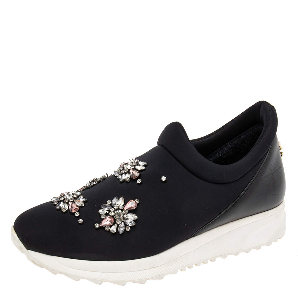 Pre Owned Roberto Cavalli Black Nylon Crystal Embellished Slip On Sneakers Size 38