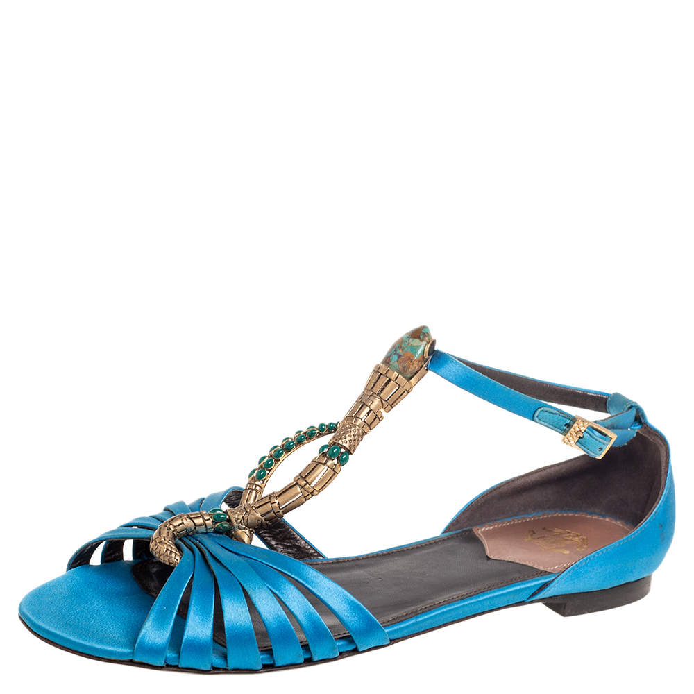 مملوكة مسبقًا Roberto Cavalli Blue Satin Embellished Flat Sandals Size 38