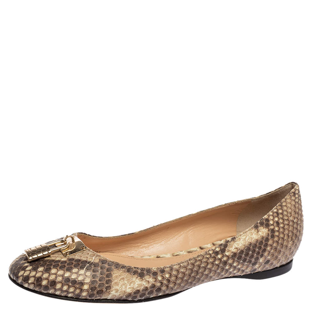 Pre Owned Roberto Cavalli Beige/Brown Python Leather Padlock Ballet Flats Size 38