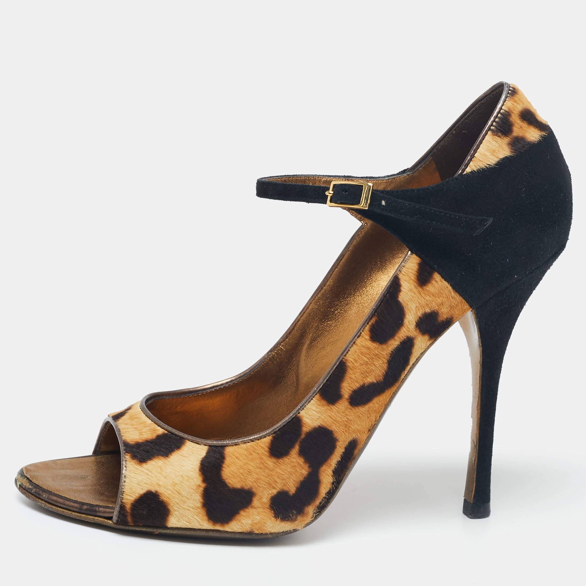 Pre Owned حذاء كعب عالي روبرتو كافالي ماري جين سويدي وشعر عجل طباعة فهد بيج / أسود بمقدمة مفتوحة مقاس 38