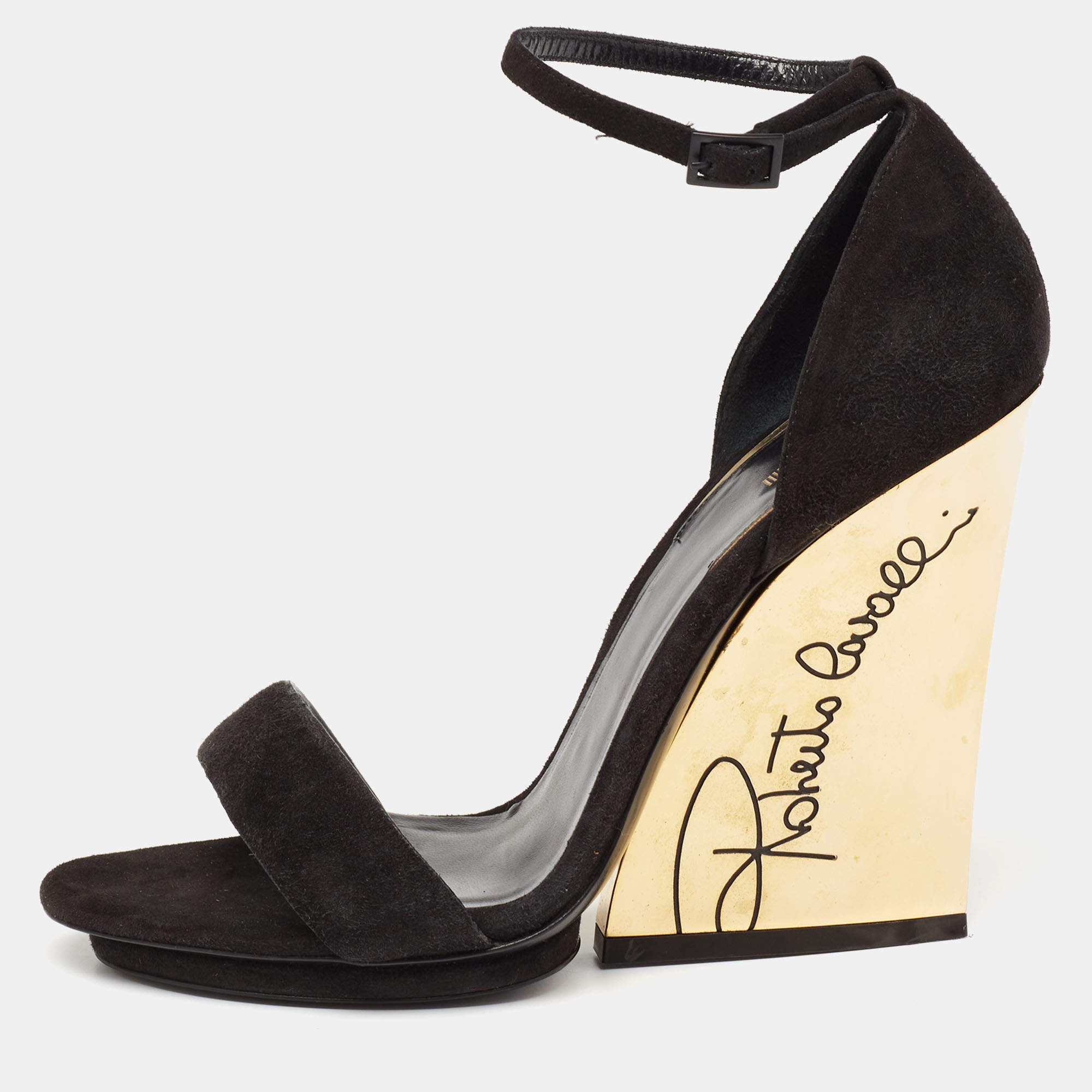 Pre Owned Roberto Cavalli Black Suede Wedge Ankle Strap Sandals Size 38