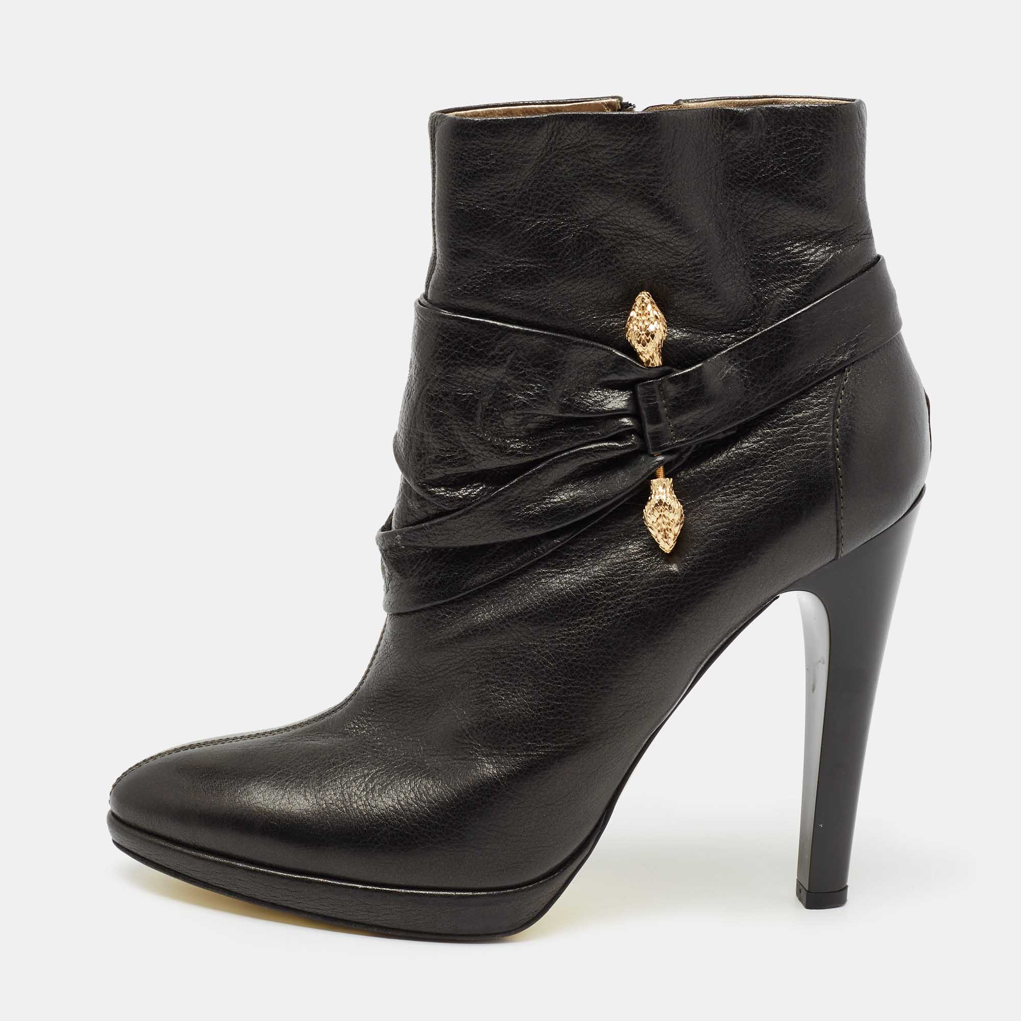 Pre Owned Roberto Cavalli Black Leather Ankle Boots Size 40