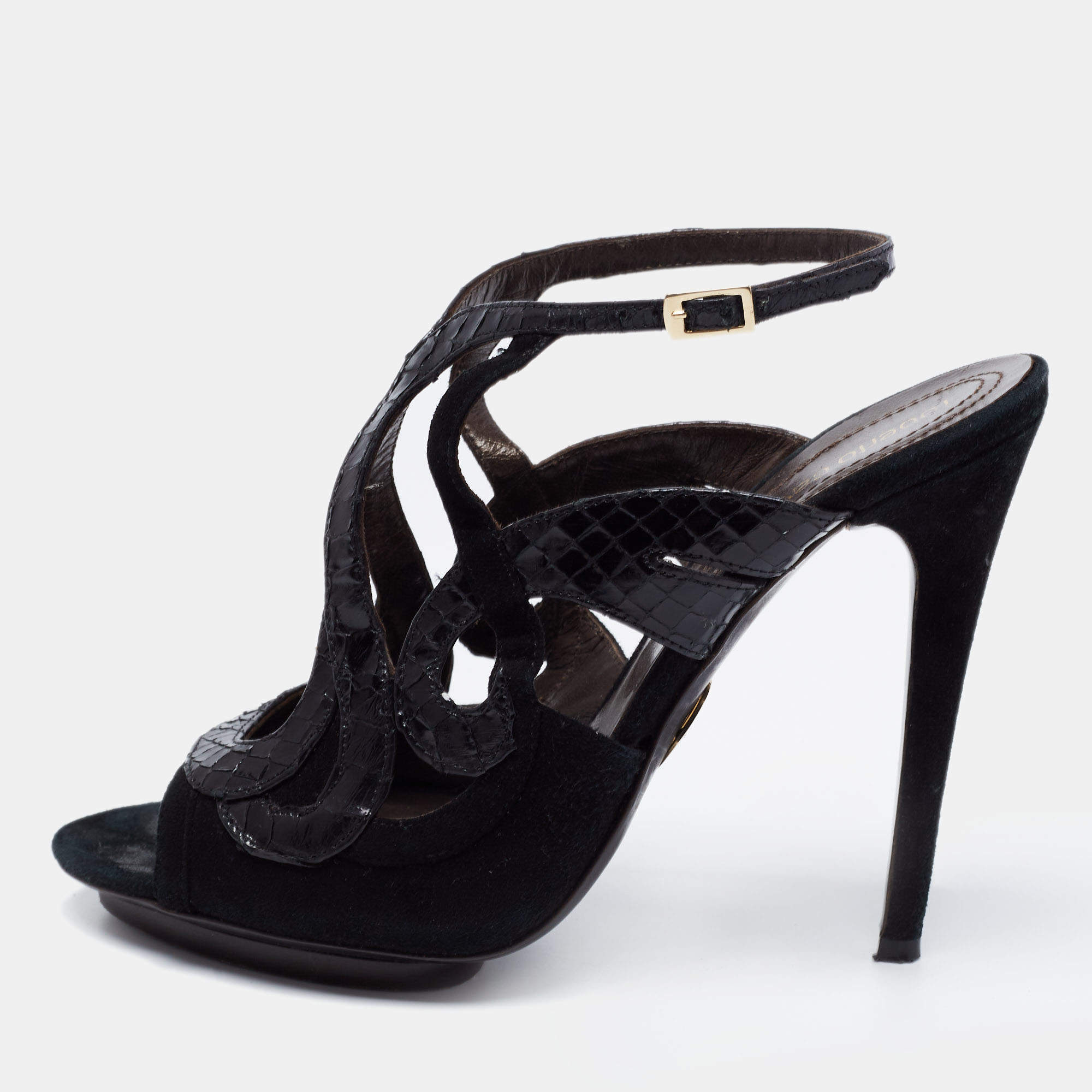 Roberto Cavalli Black Snakeskin Embossed Leather and Suede Ankle Strap Sandals Size 39.5