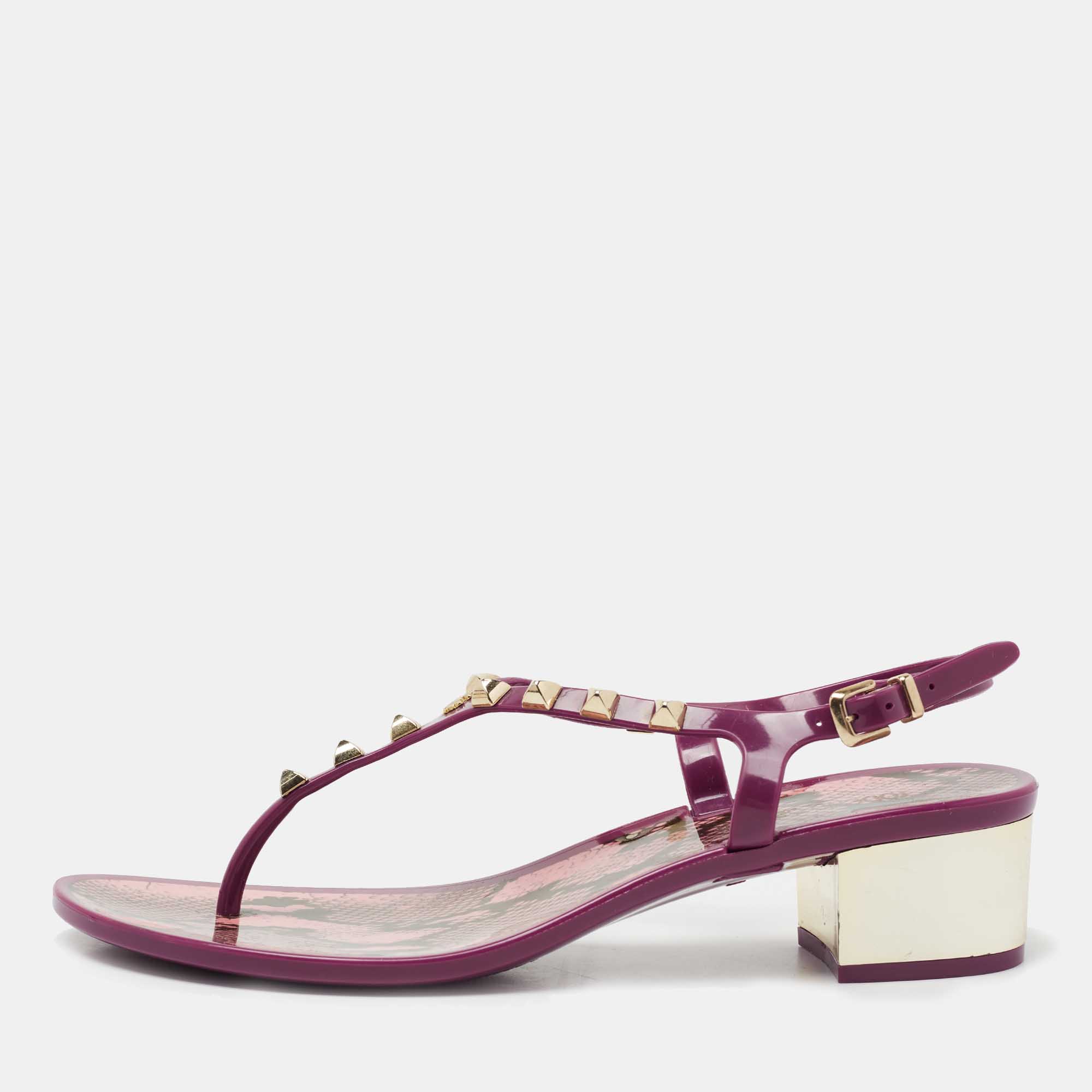 Pre Owned Roberto Cavalli Purple Rubber Studded Thong Sandals Size 37