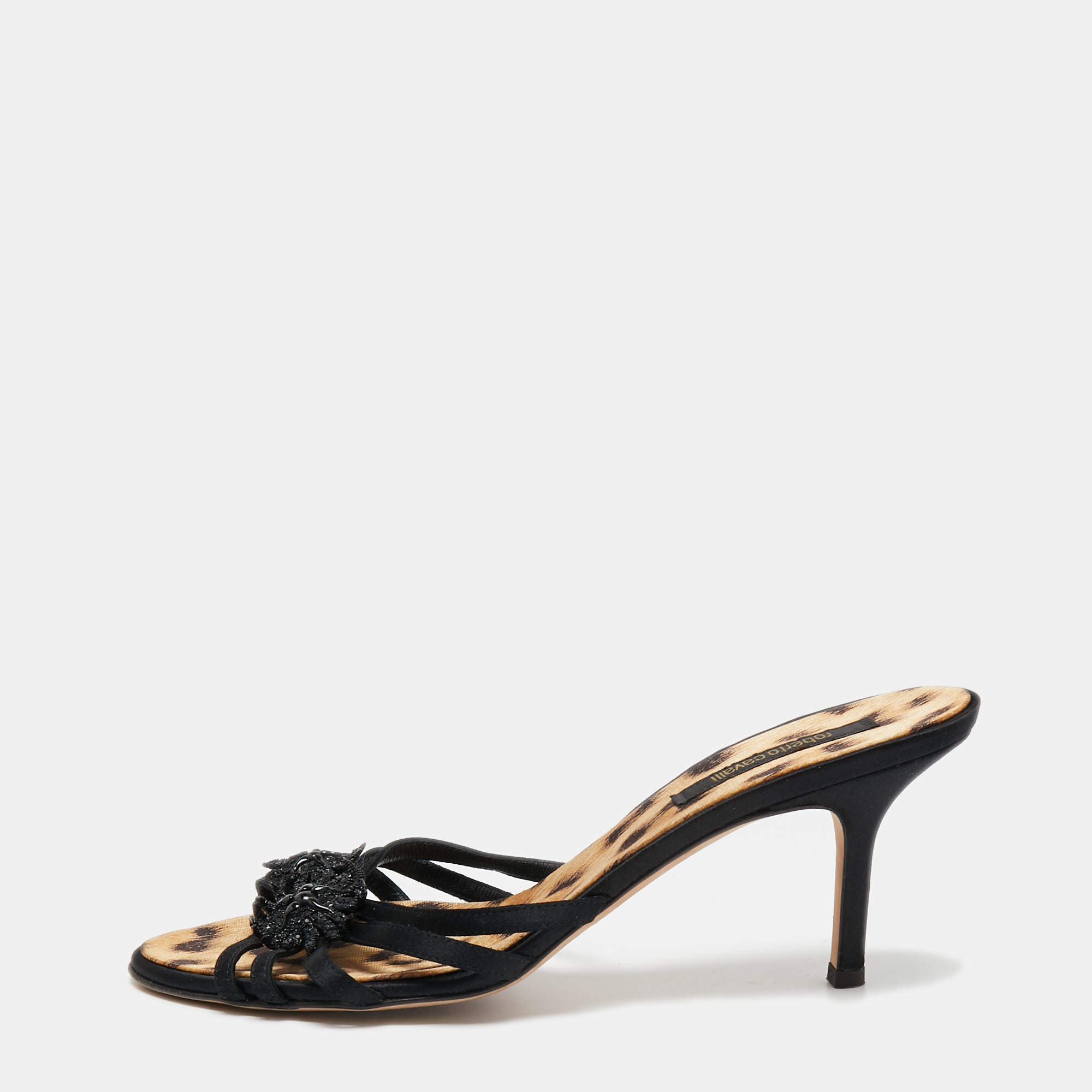 مملوكة مسبقًا Roberto Cavalli Black Satin Embellished Slide Side 39