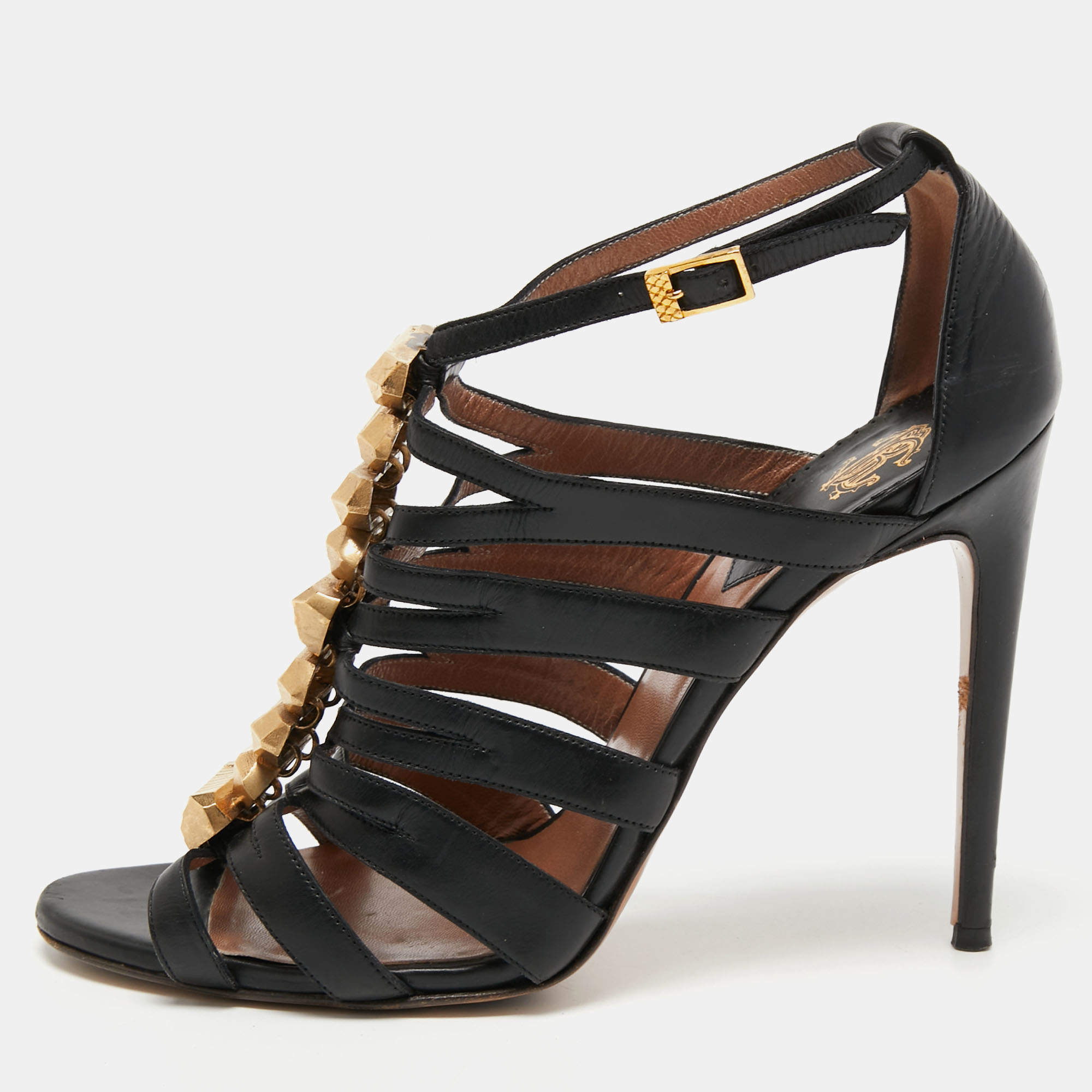 مملوكة مسبقًا Roberto Cavalli Black Leather Strappy Sandals Size 39