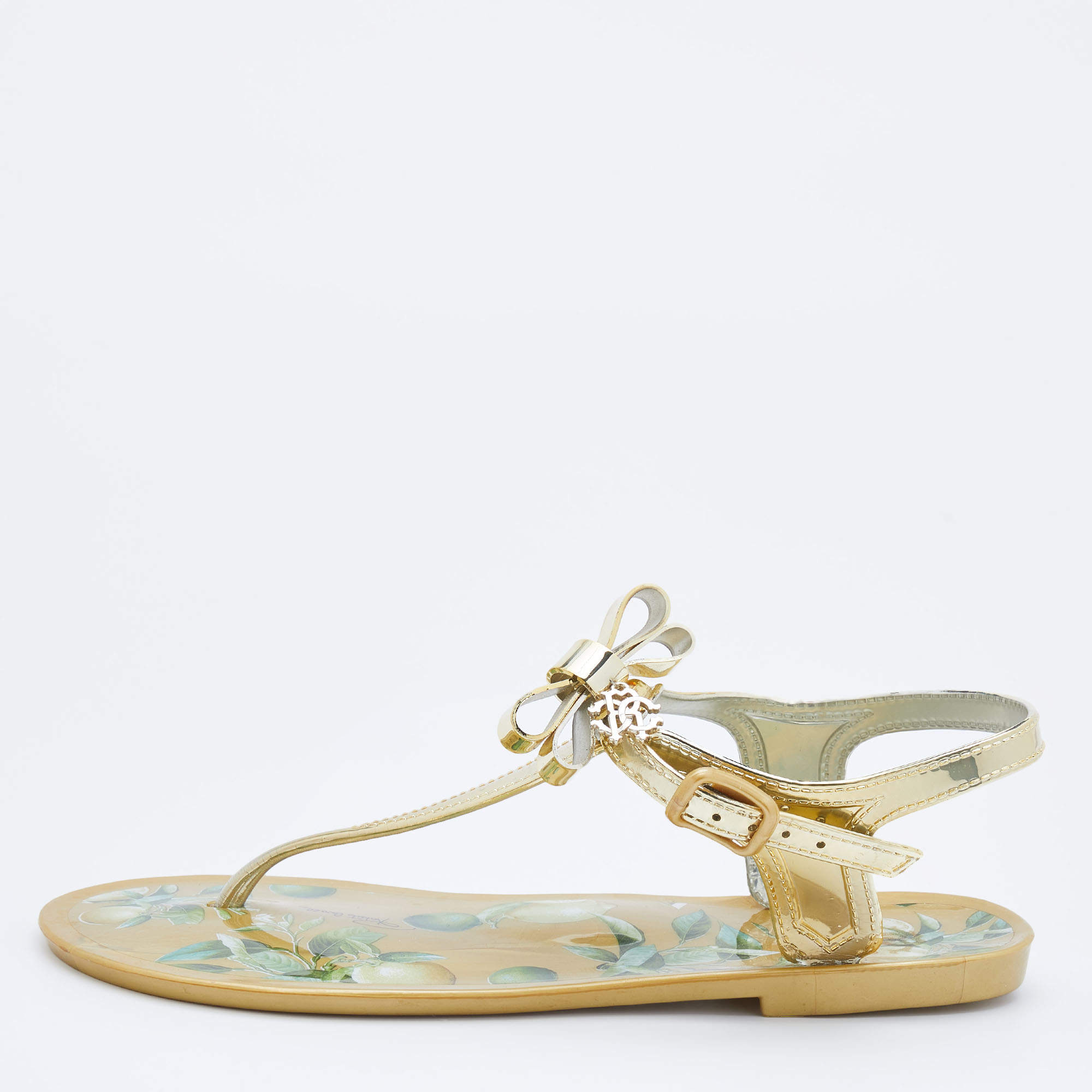 Pre Owned Roberto Cavalli Gold Jelly Embellished Thong Flat Sandals Size 37.5