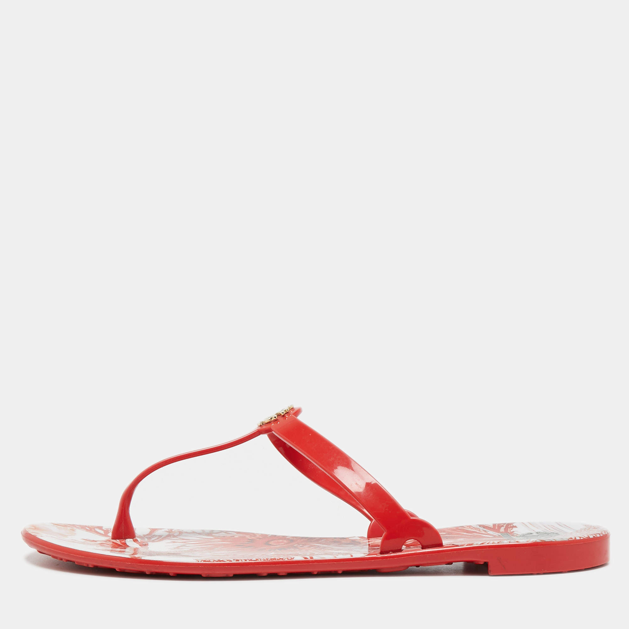 Pre Owned Roberto Cavalli Coral Red Rubber Thong Flats Size 41