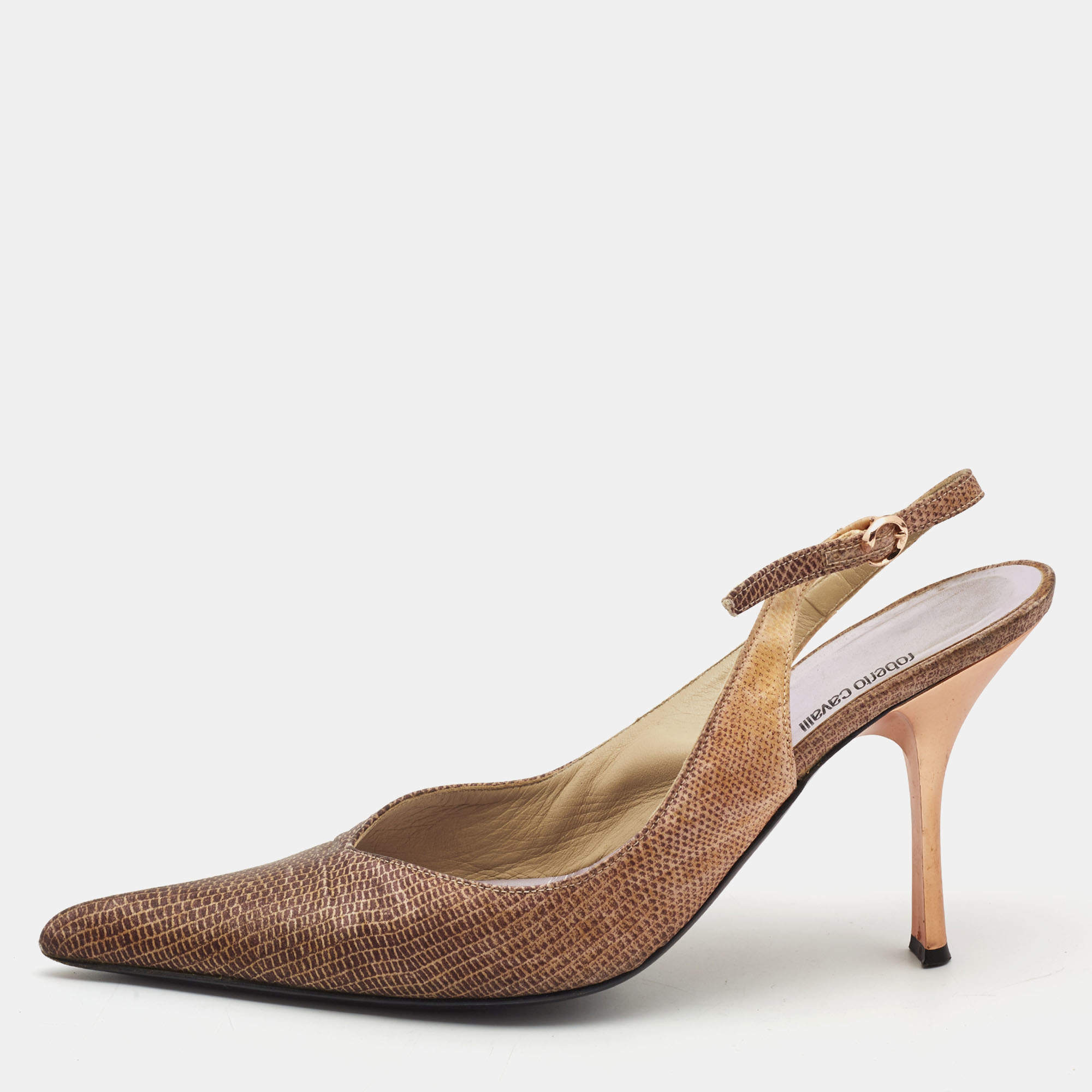 مملوكة مسبقًا Roberto Cavalli Two Tone Lizard Print Fabric Slingback Pumps Size 40