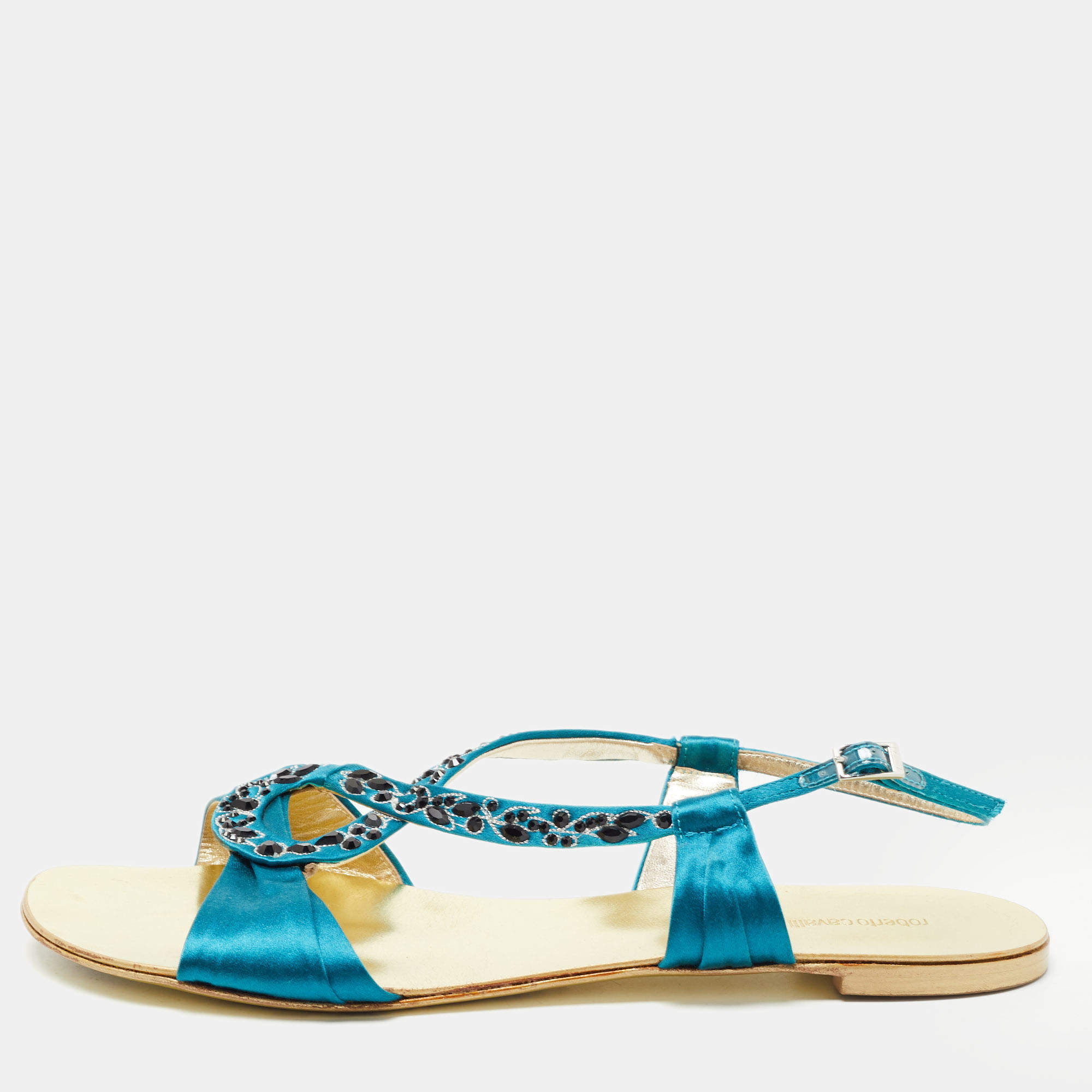 Pre Owned Roberto Cavalli Blue Satin Embellished Ankle Strap Flat Sandals Size 40
