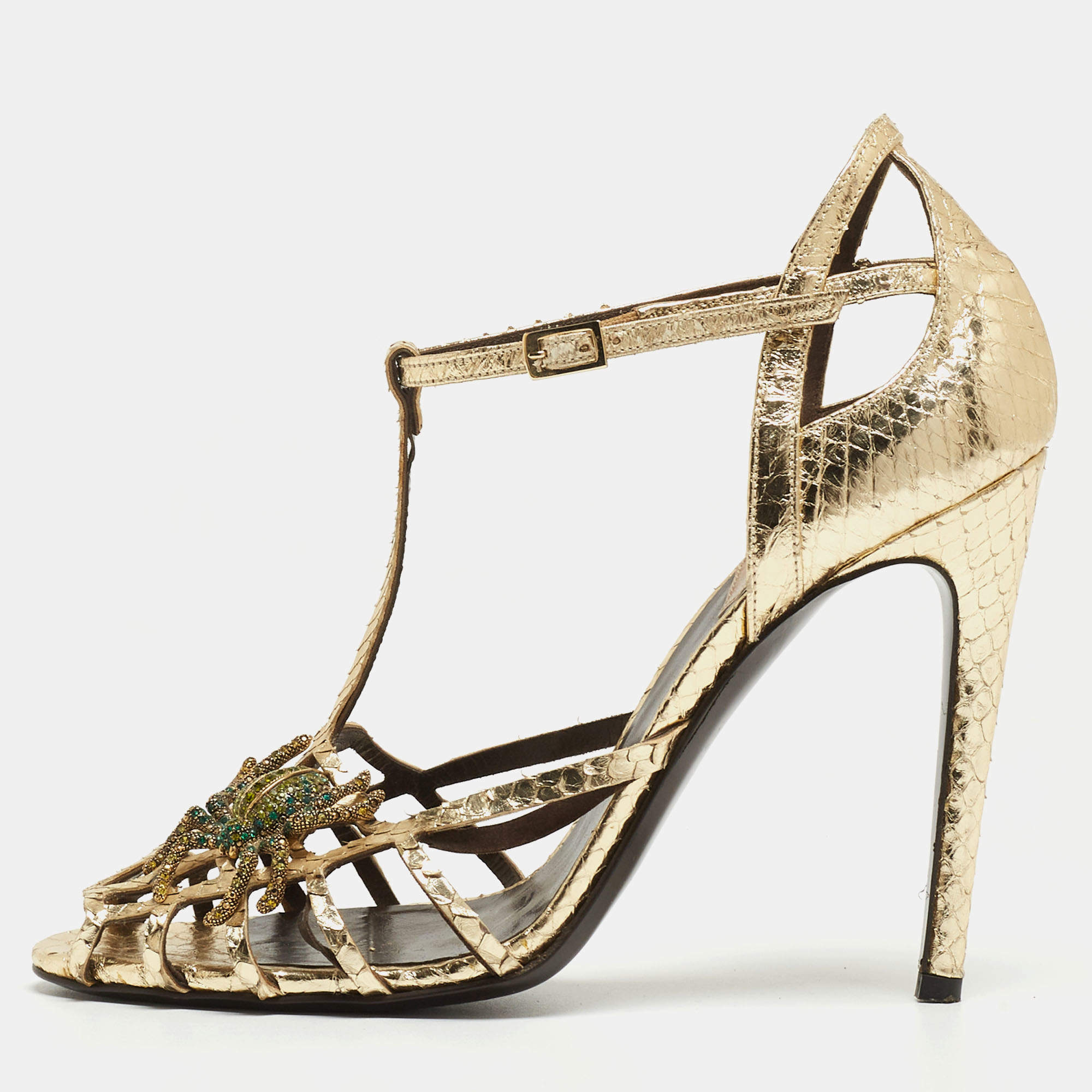مملوكة مسبقًا Roberto Cavalli Gold Embossed Python Crystal Embellished Spider T-Bar Ankle Strap Sandals Size 38