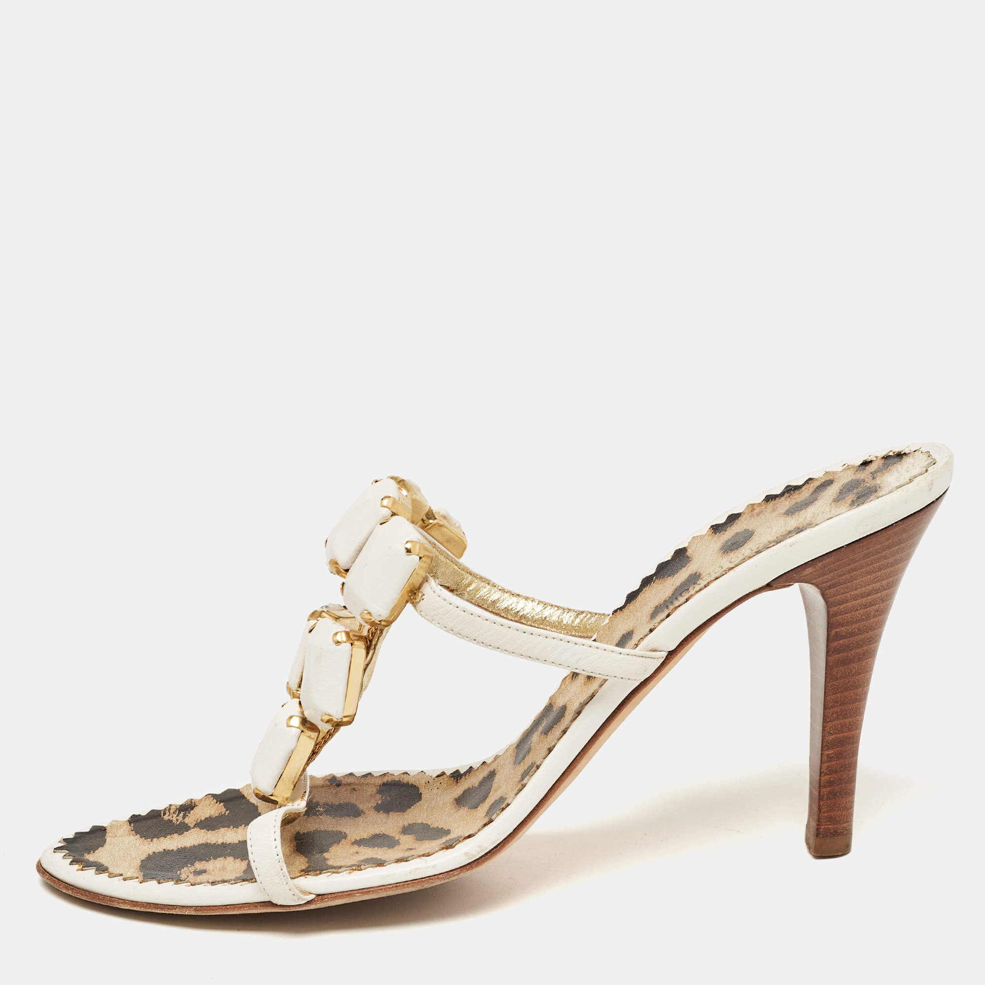 Pre Owned Roberto Cavalli White Leather Embellised Sandals Size 39.5   