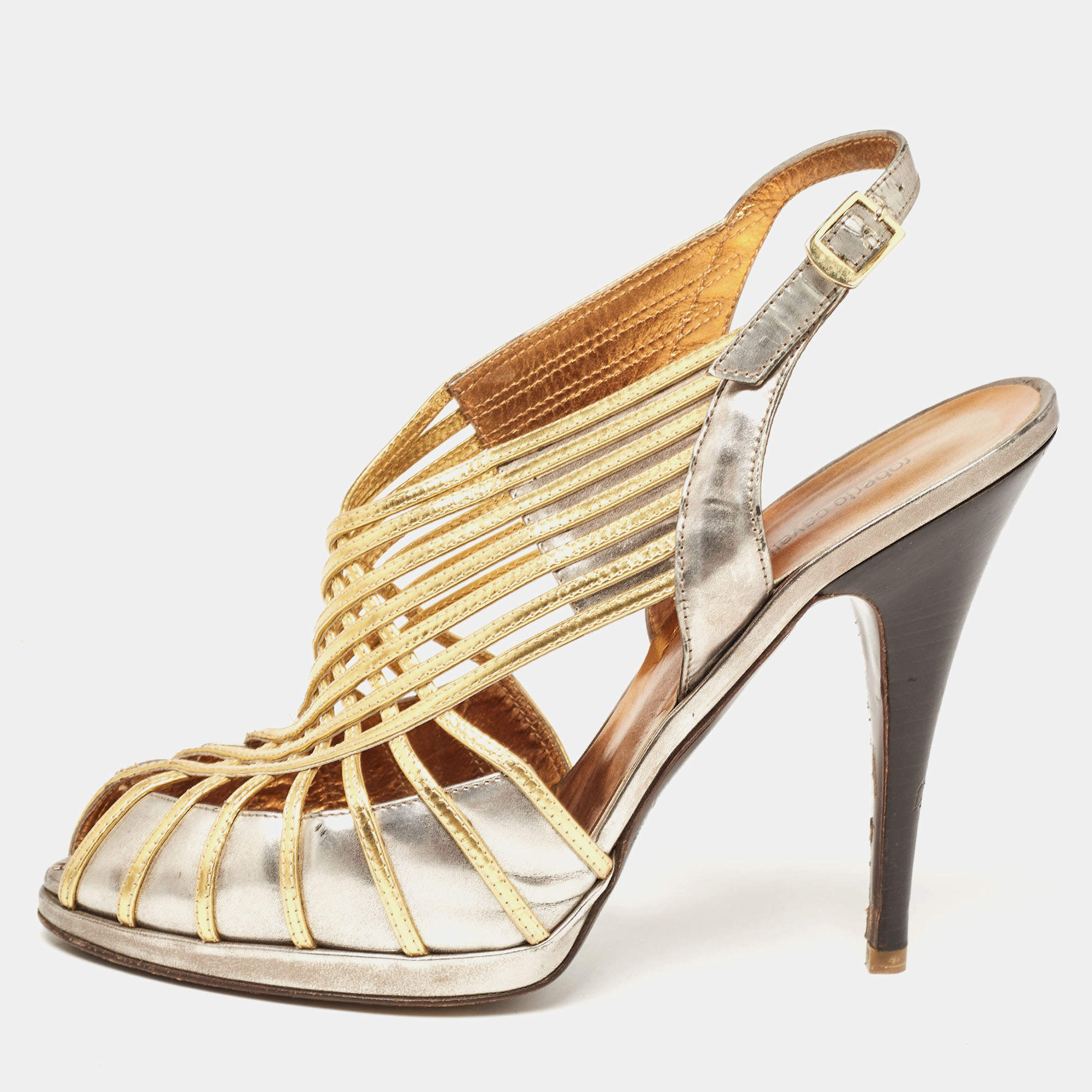 Roberto Cavalli Metallic Leather Strappy Sandals Size  40