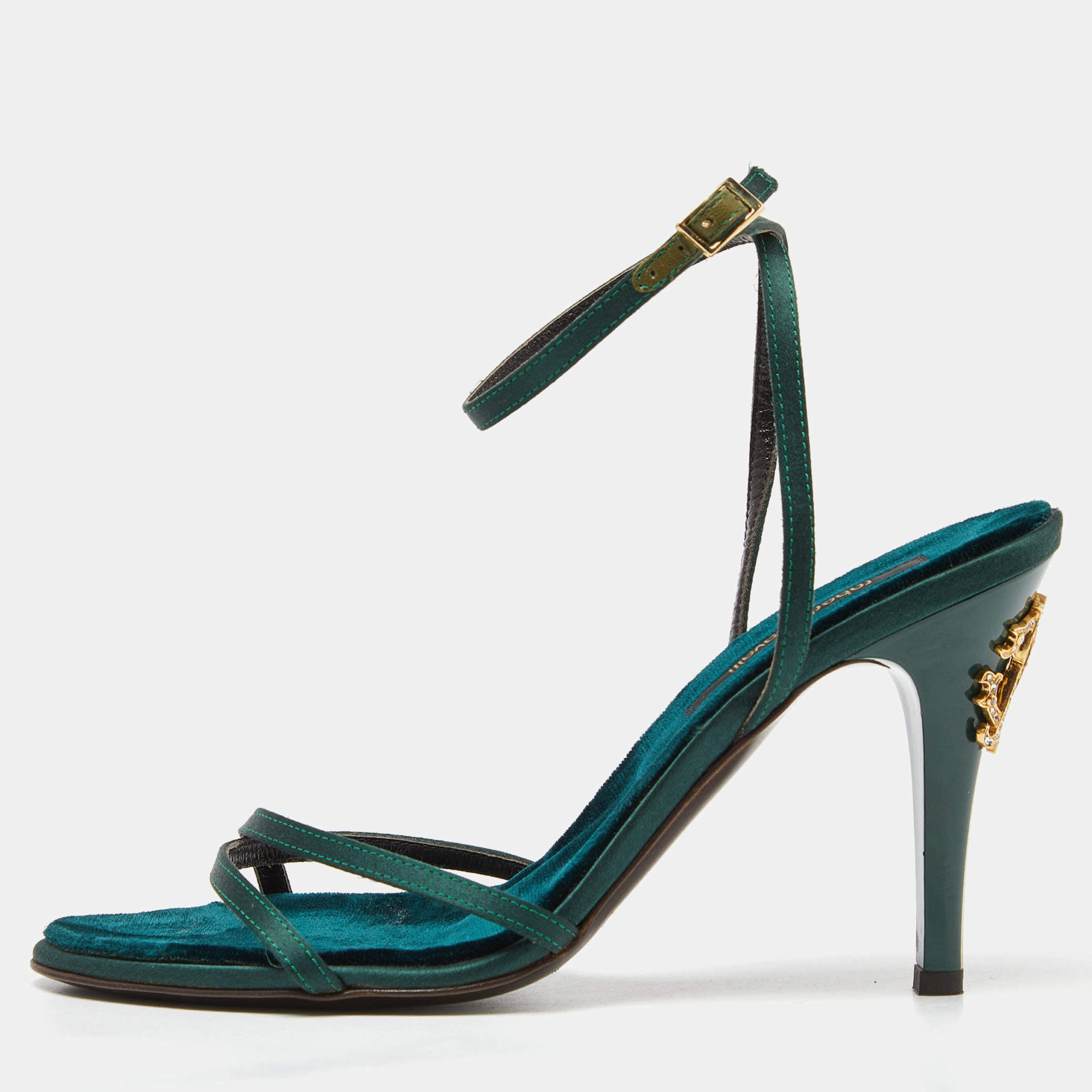 مملوكة مسبقًا Roberto Cavalli Green Satin Ankle Strap Sandals Size 37.5