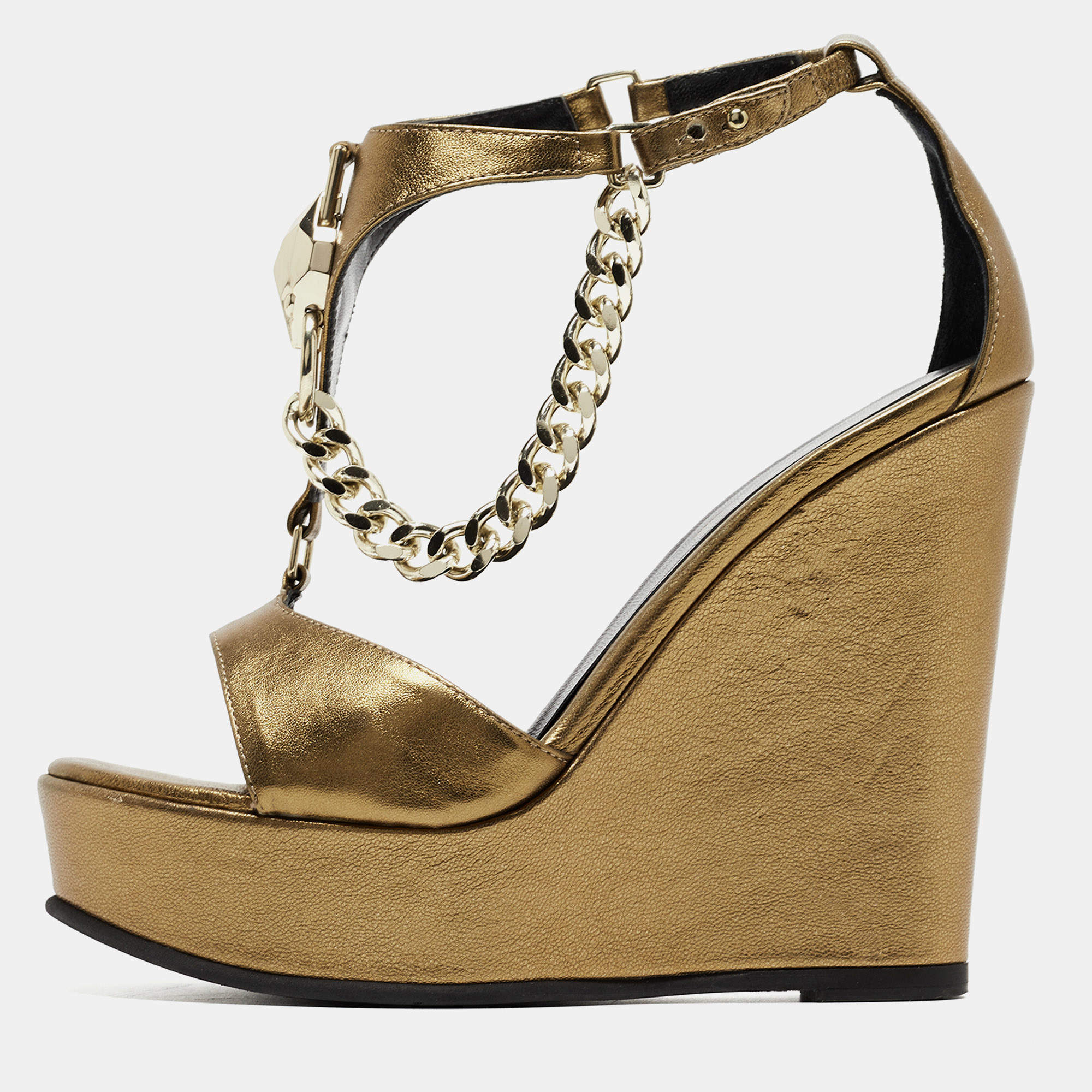 Just Cavalli  Metallic Gold Leather Wedge Ankle Strap Sandals Size 38