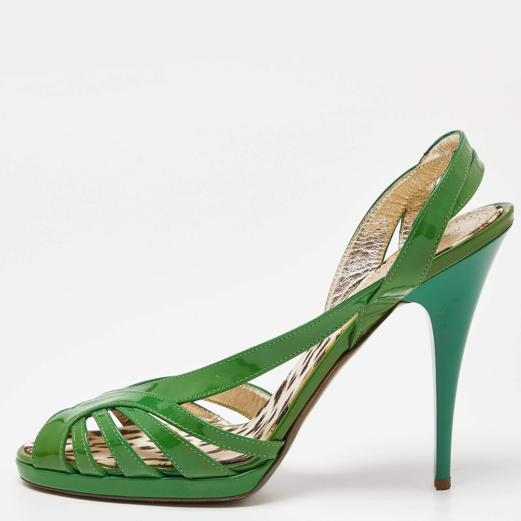 مملوكة مسبقًا Roberto Cavalli Green Patent Leather Strappy Sandals Size 40