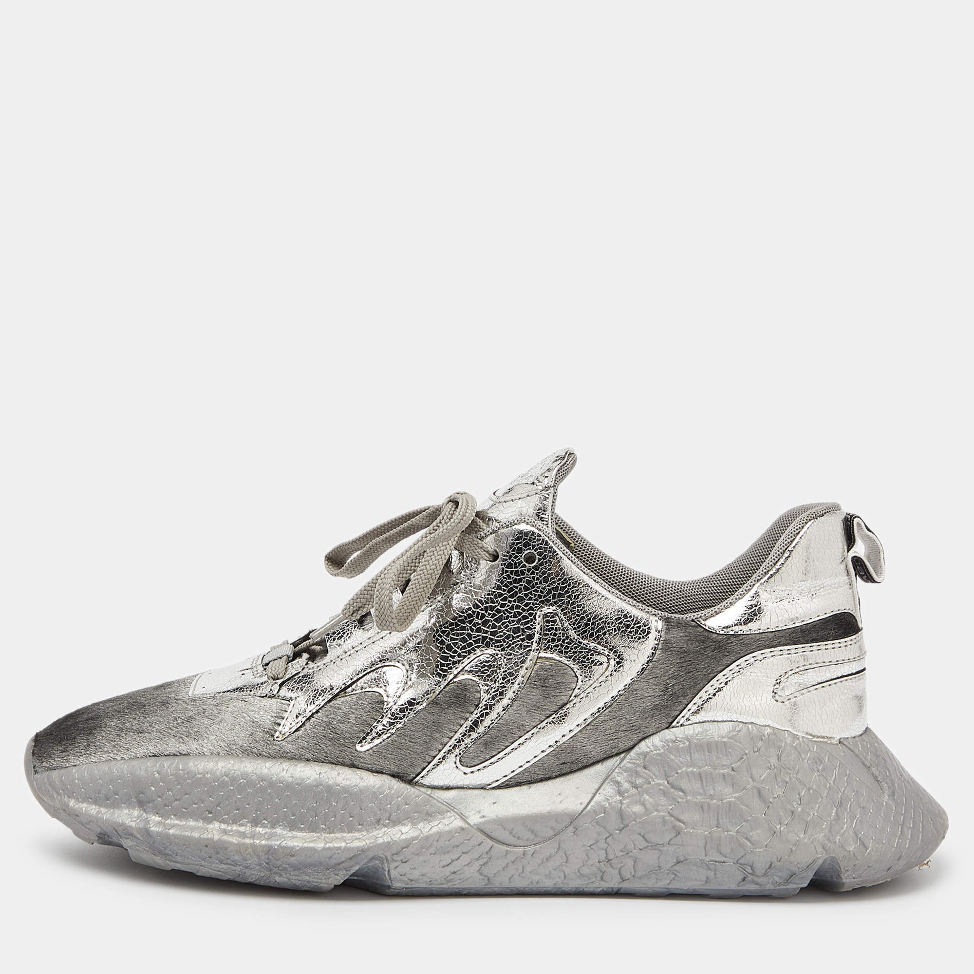 Pre Owned Roberto Cavalli Silver Calfhair and Laminated Leather V1per Lace Up Sneakers Size 40