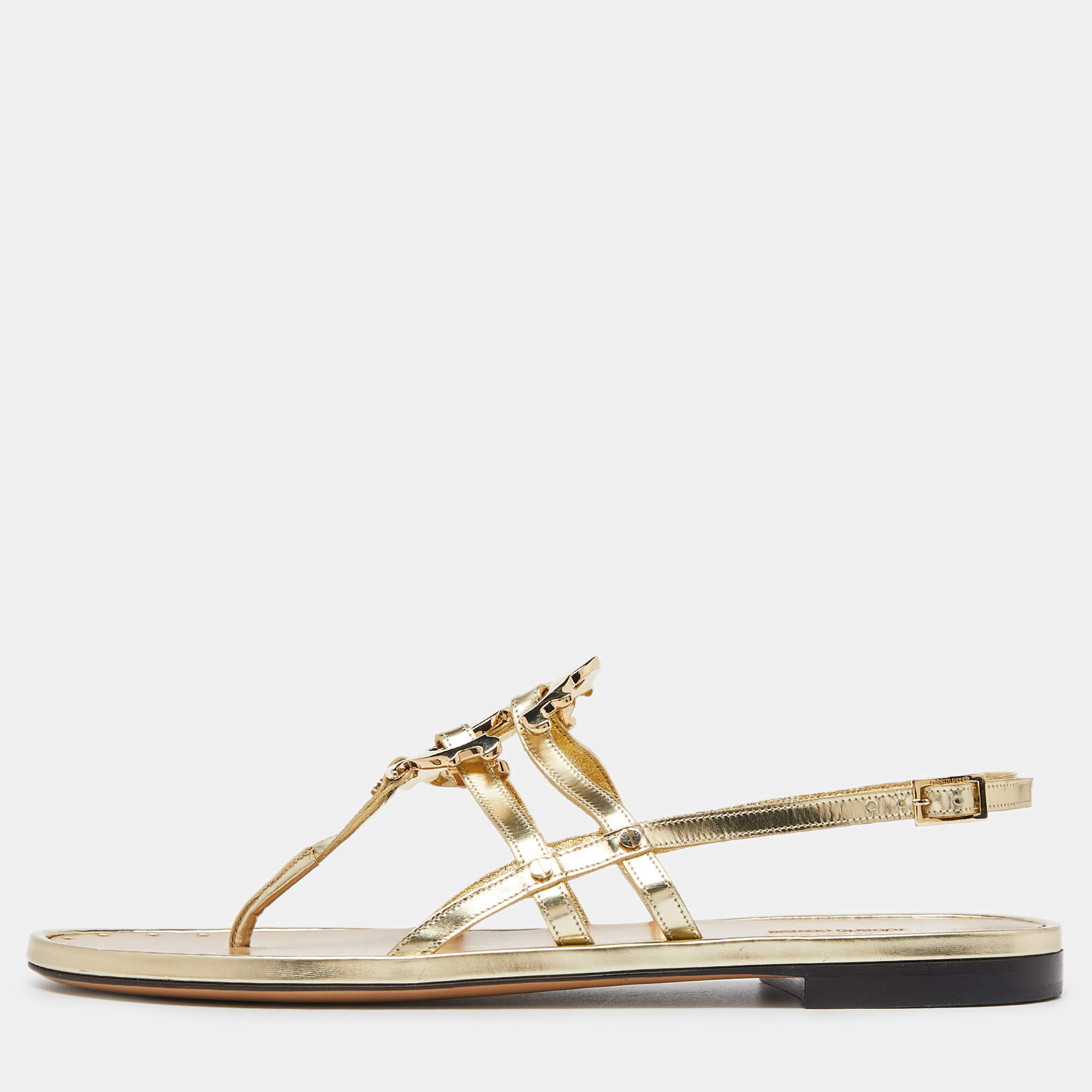 Pre Owned Roberto Cavalli Gold Laminated Leather Thong Ankle Strap Flat Sandals Size 36