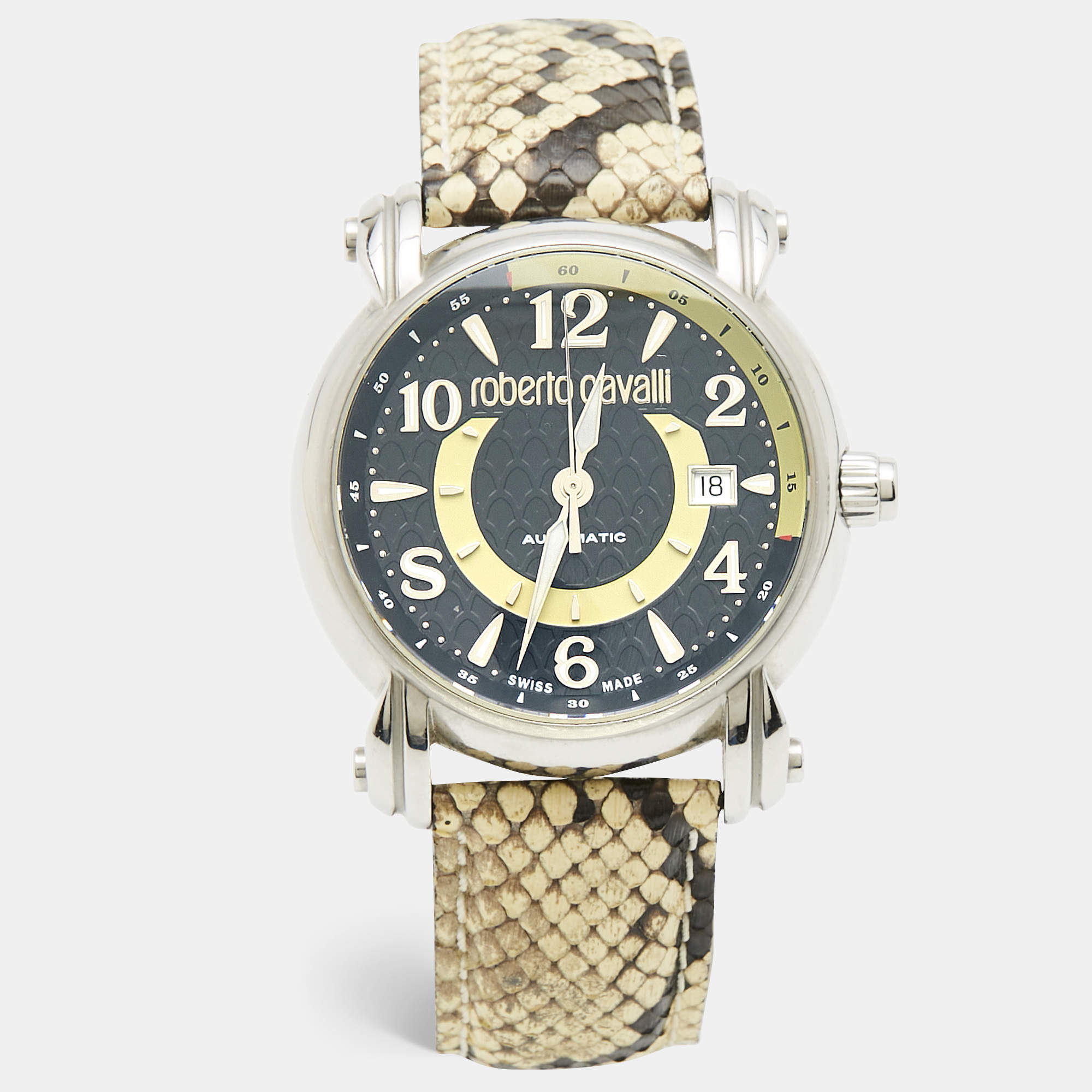 Pre Owned Roberto Cavalli Anniversary R7221172025 Dark Brown Stainless Steel Python Leather Unisex Wristwatch 43 mm