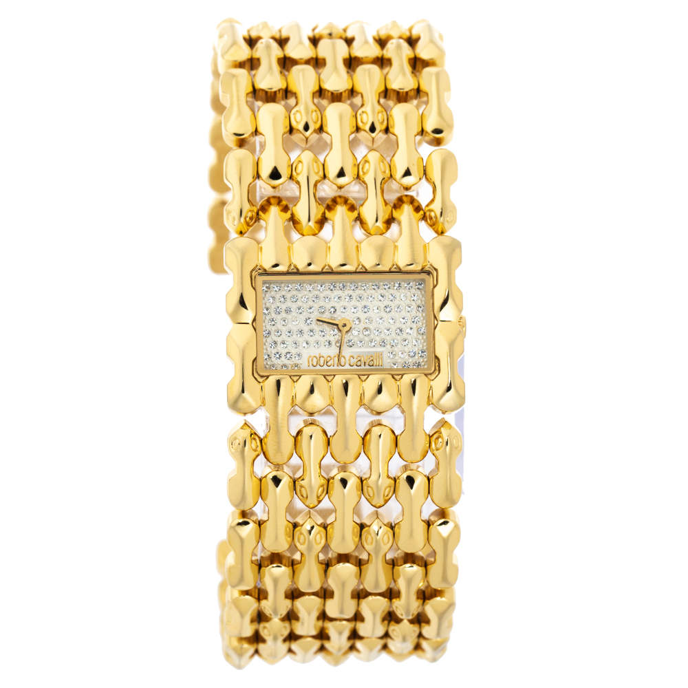 Pre Owned Roberto Cavalli Crystal Pave Yellow Gold Plated Stainless Steel Oryza R7253146517 Women's Wristwatch 29 mm